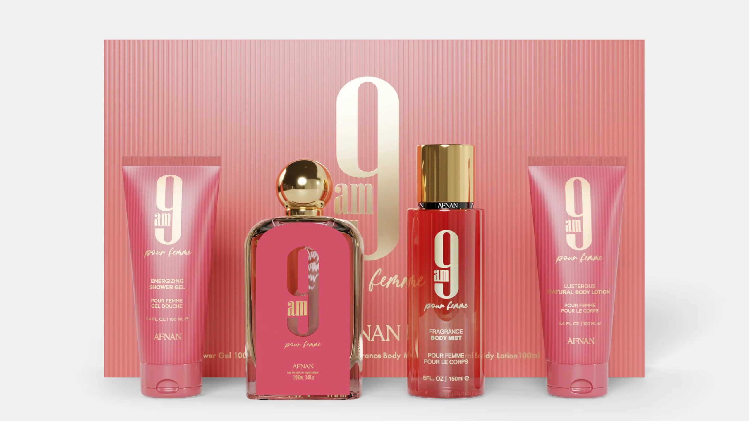 Afnan 9 Am Pour Femme 4-Piece Set, (3.4 Oz Eau De Parfum Spray + 3.4 Oz Shower Gel + 5.0 Oz Body Mist + 3.4 Oz Body Lotion)