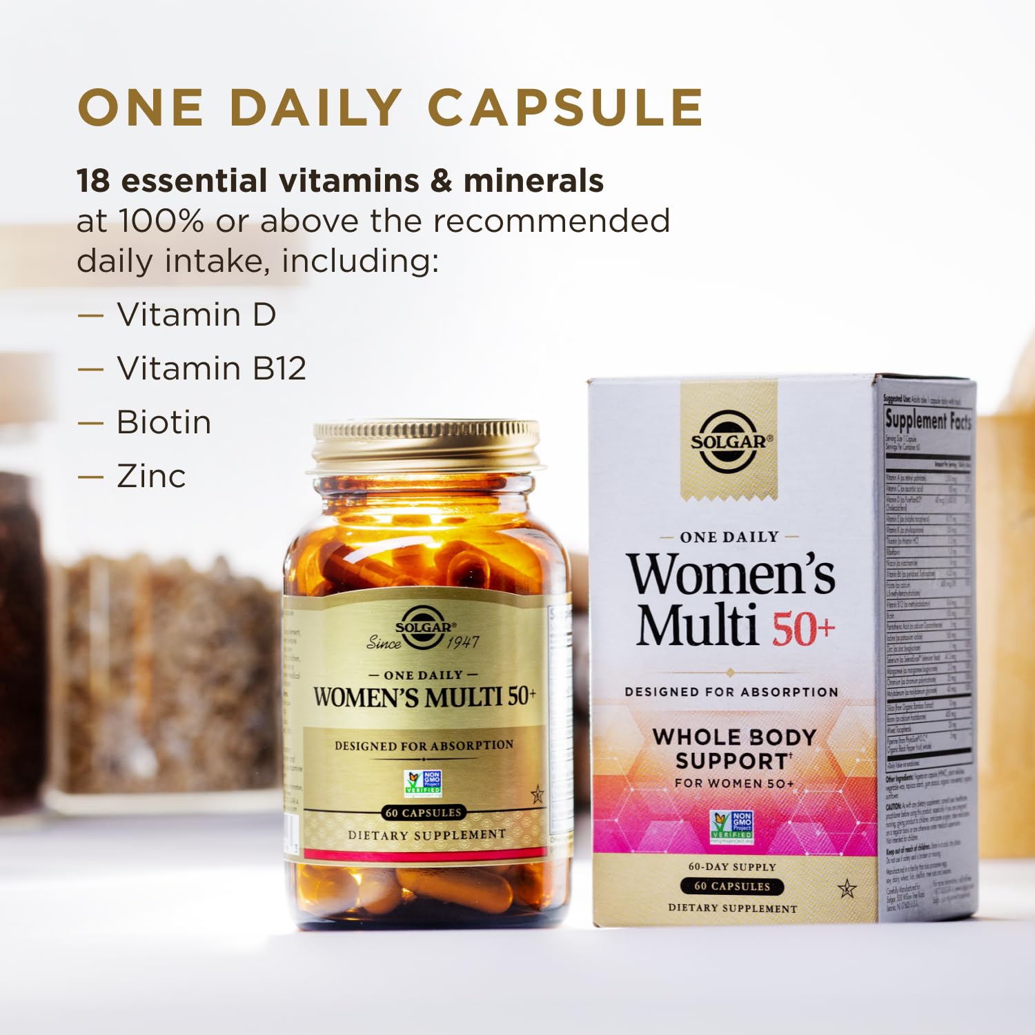 Solgar One Daily Women's Multi 50+ Whole Body Support for Women 50 and Older - Highly Absorbable Heart, Bone & Breast Health, Energy, Stress, Hair Skin & Nails Multivitamin, 60 Vegan Capsule Servings