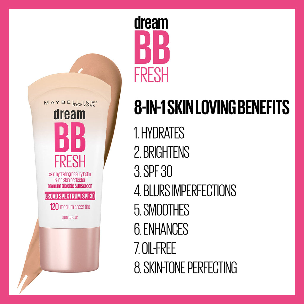 Maybelline Dream Fresh Skin Hydrating BB cream, 8-in-1 Skin Perfecting Beauty Balm with Broad Spectrum SPF 30, Sheer Tint Coverage, Oil-Free, Light/Medium, 1 Fl Oz