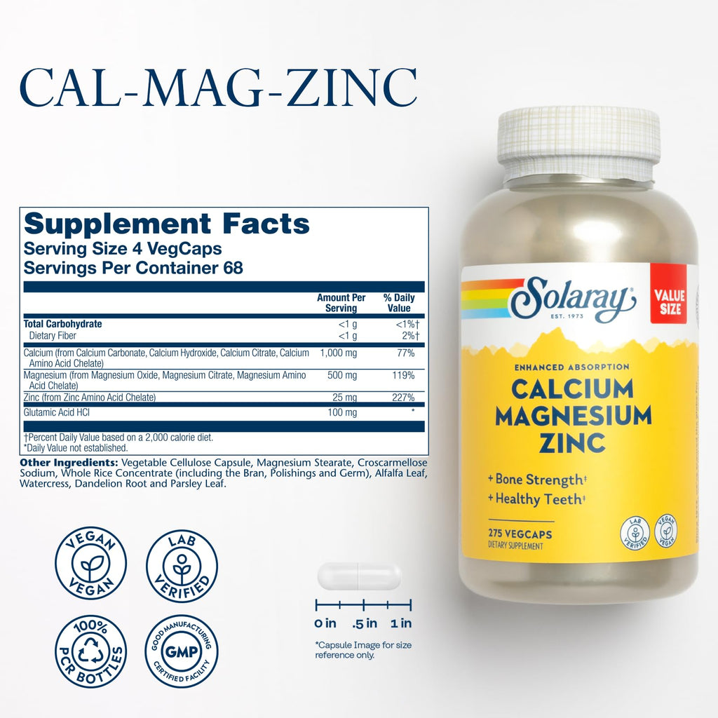 SOLARAY Calcium Magnesium Zinc, 275 VegCaps