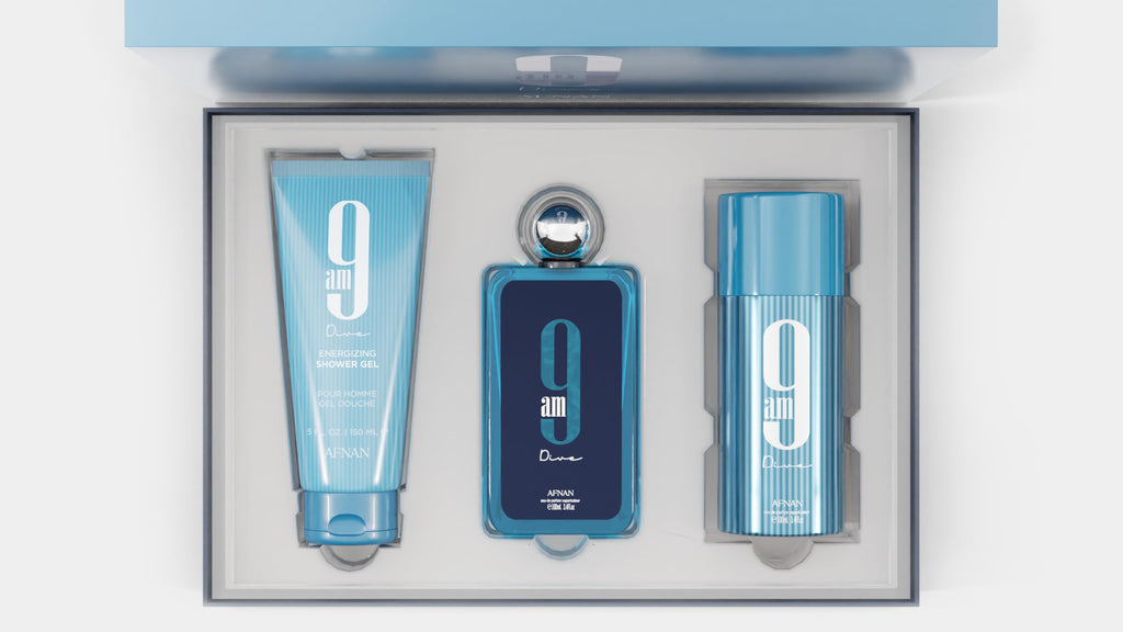 Afnan 9 Am Dive Perfume Gift Set – Eau De Parfum (3.4 Oz), Shower Gel (5.0 Oz), Deodorant (5.0 Oz)