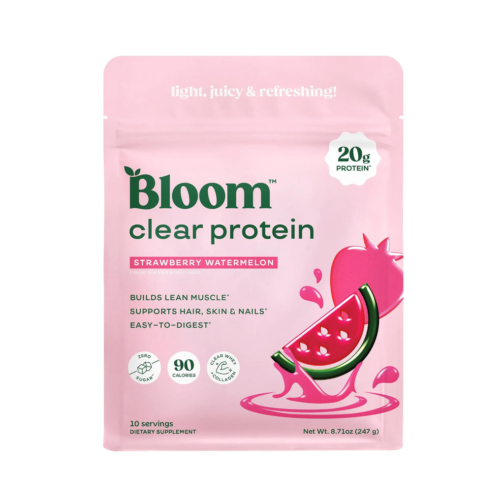 Bloom Clear Protein, Whey Protein Isolate with Collagen Peptides and Digestive Enzymes, 20g Protein, Sugar Free Post Workout Drink Mix, 90 Calories, Strawberry Watermelon, 10 Servings