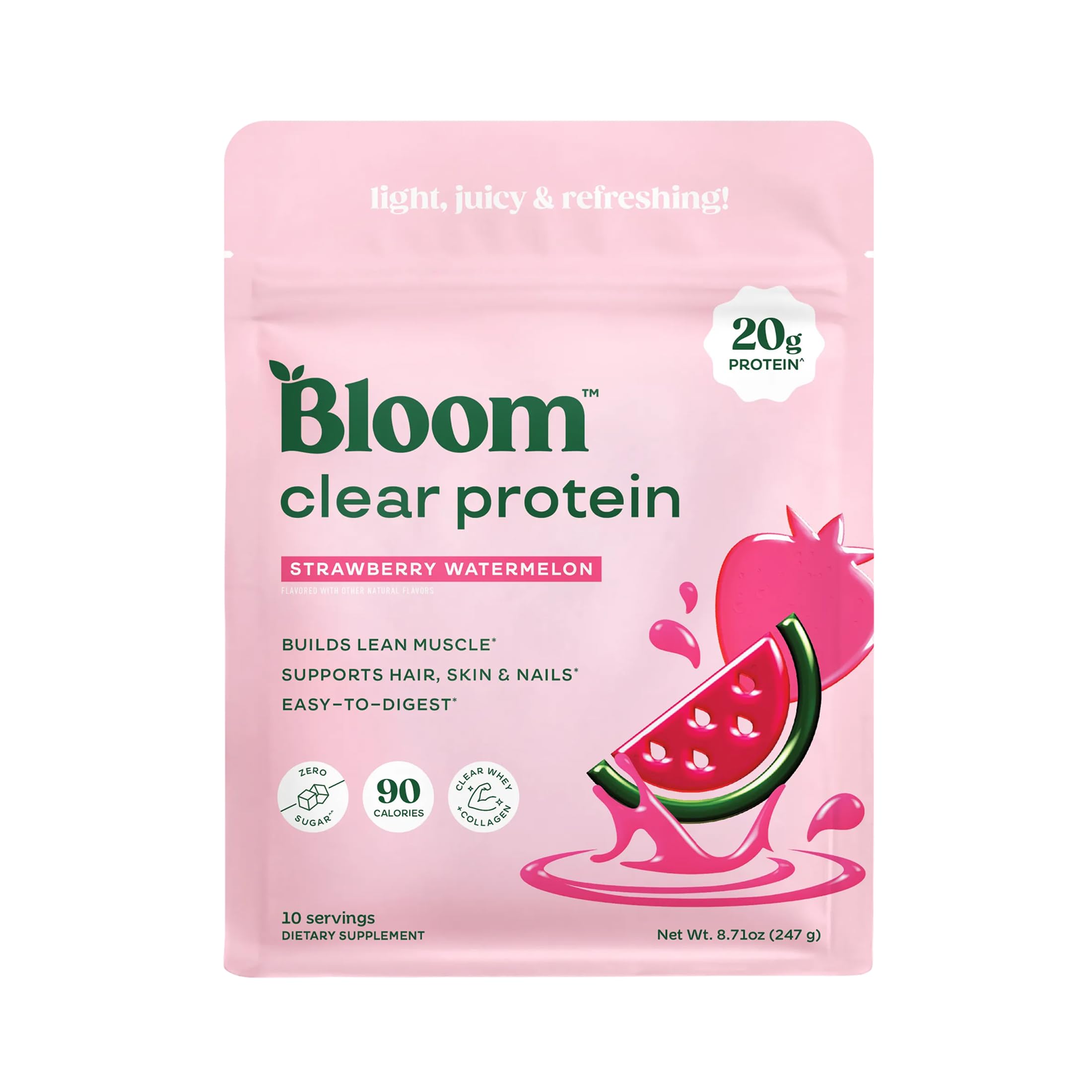 Bloom Clear Protein, Whey Protein Isolate with Collagen Peptides and Digestive Enzymes, 20g Protein, Sugar Free Post Workout Drink Mix, 90 Calories, Strawberry Watermelon, 10 Servings