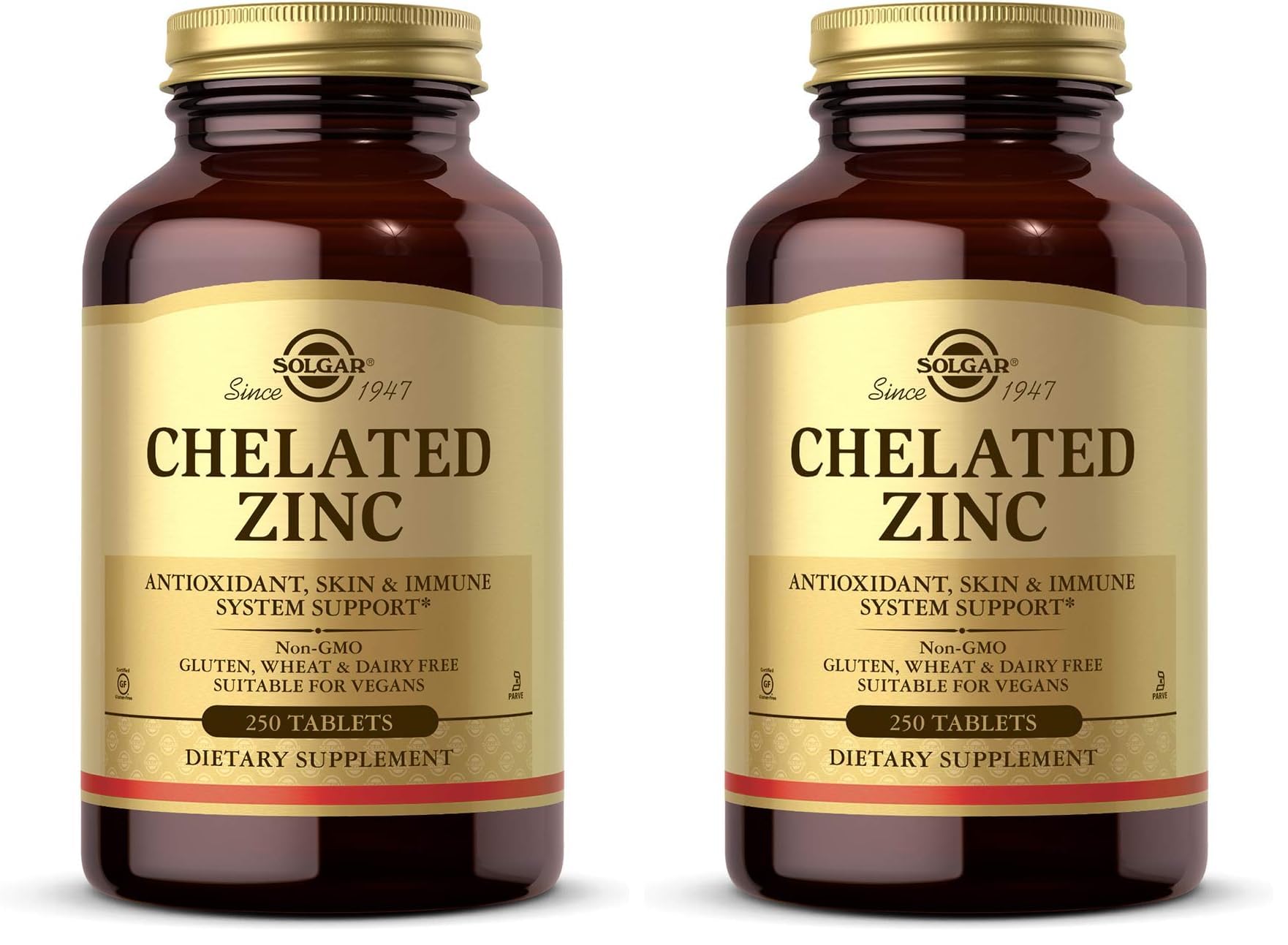 Solgar Chelated Zinc,250 Tablets-Zinc for Healthy Skin-Supports Cell Growth&DNA Formation-Exerts Antioxidant Activity-Supports A Healthy Immune System-Non GMO,Vegan-250 Servings,(Pack of 2)