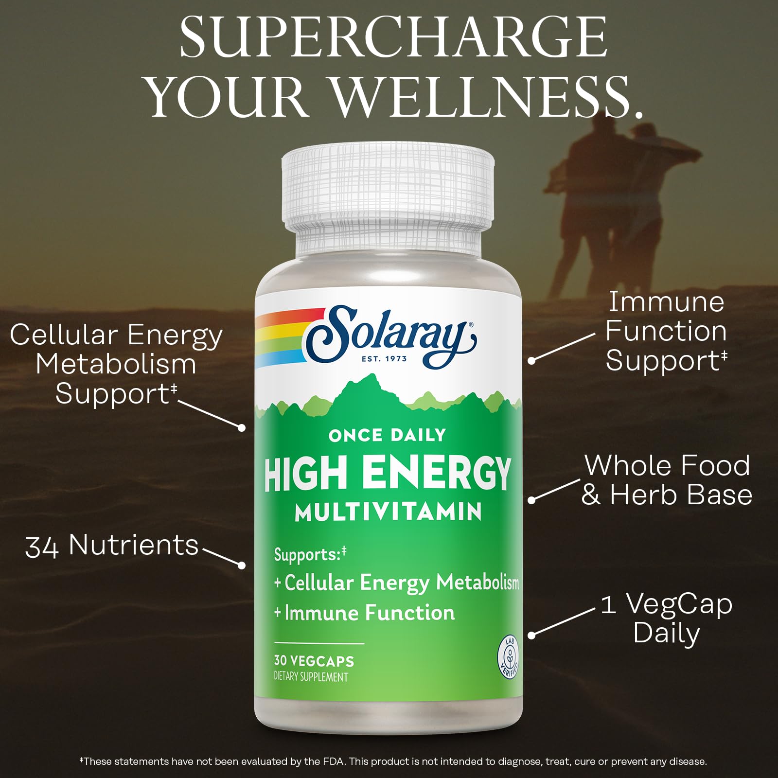 SOLARAY Once Daily High Energy Multivitamin for Women and Men – with Vitamin C, Vitamin D and Whole Food & Herb Base - Cellular Energy Metabolism & Immune Function Support – 30 Servings, 30 VegCap
