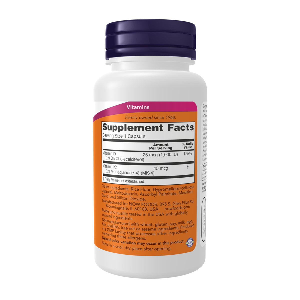 NOW Supplements, Vitamin D-3 & K-2, 1,000 IU/45 mcg, 120 veg Capsules