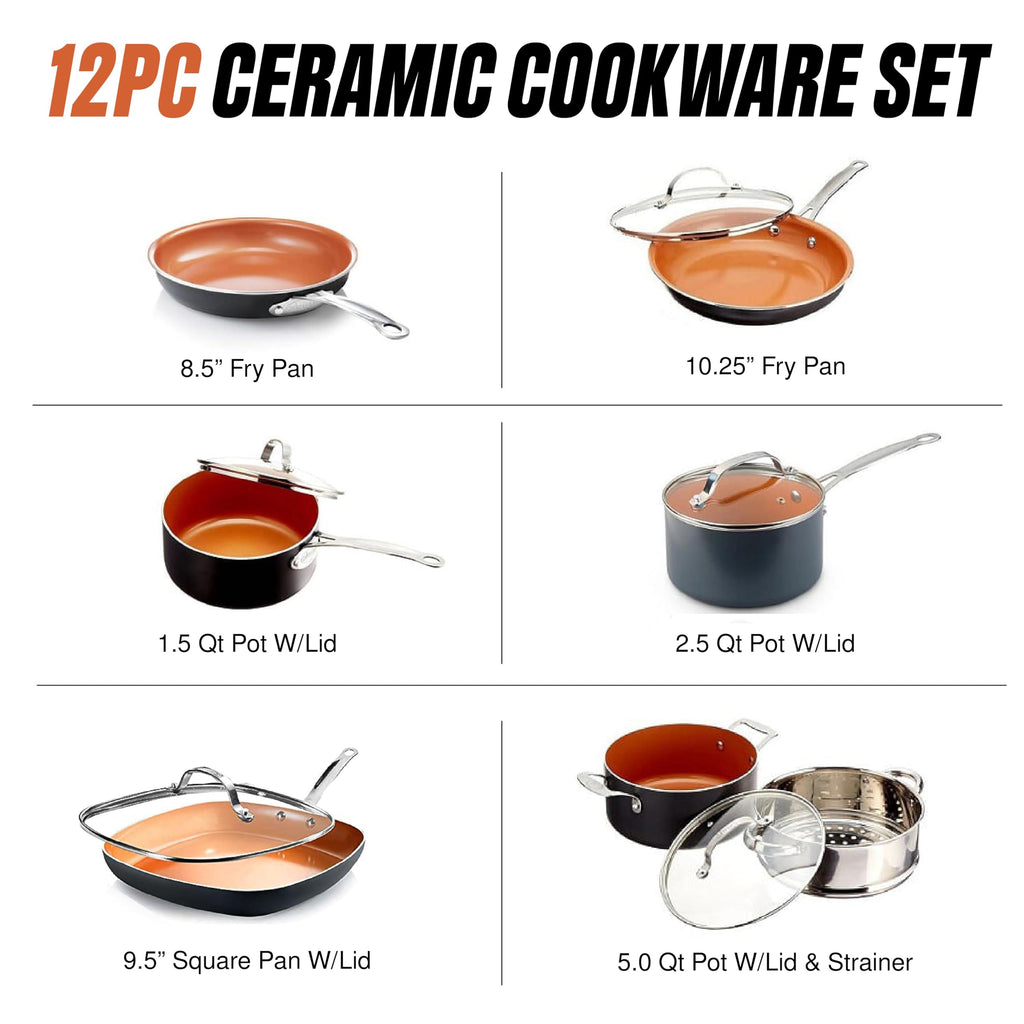 Gotham Steel 12 Pc Ceramic Cookware Set Nonstick, Ceramic Pots and Pans Set Non Stick with Steamer for Cooking, Non Toxic PFOA PFOS Free, Ergonomic Stay Cool Handles, Oven & Dishwasher Safe, Copper