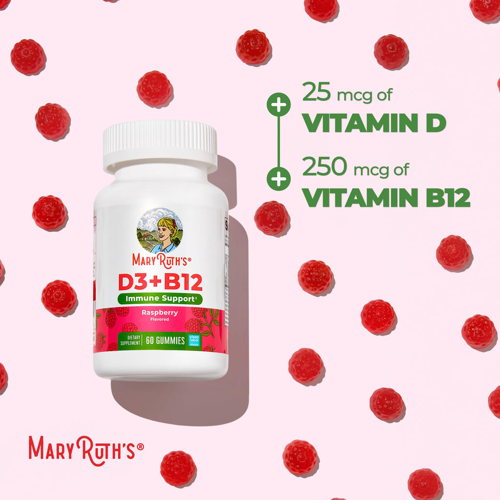 MARYRUTH'S Vitamin D3 + B12 Gummies for Ages 4+, Sugar Free, 60 Servings