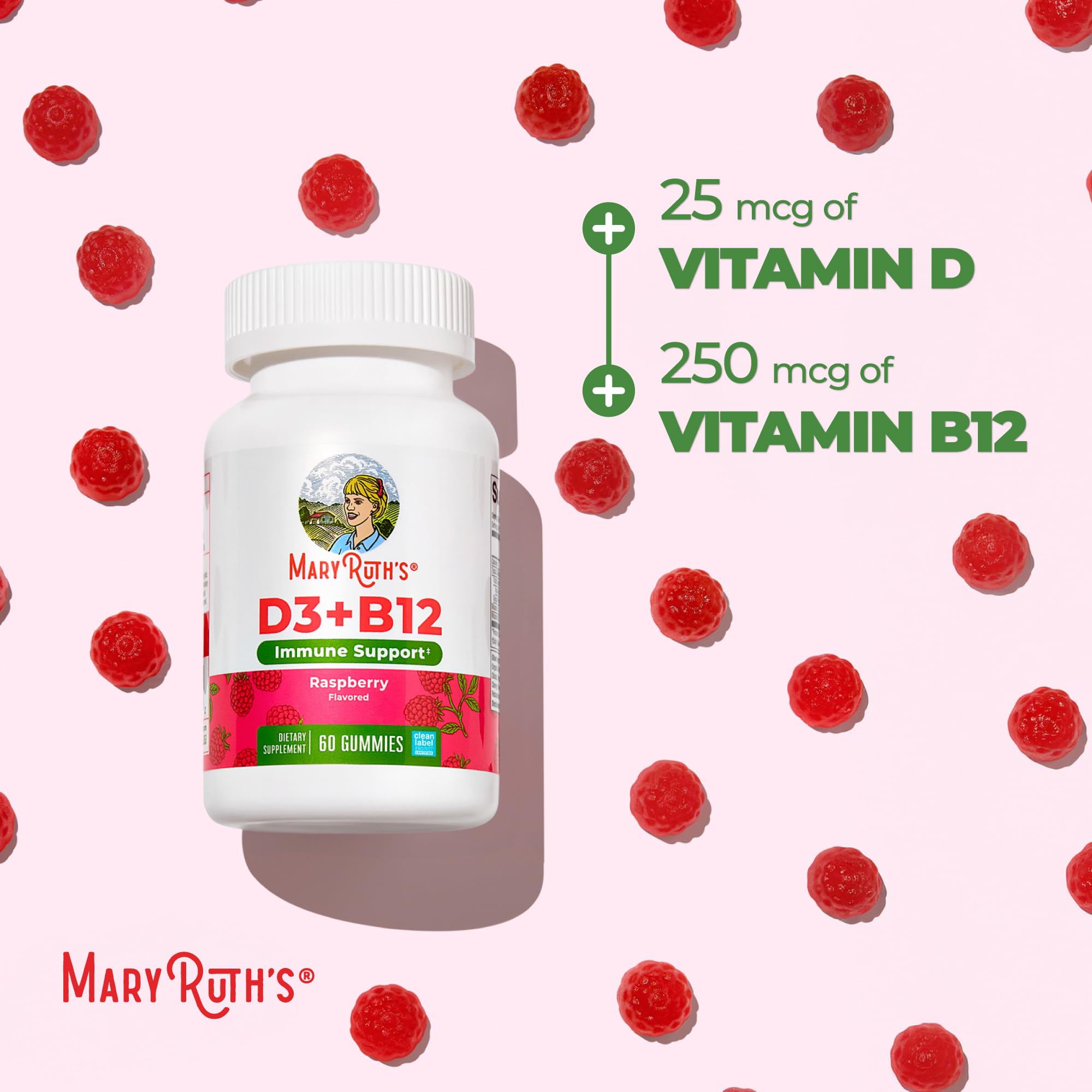 MARYRUTH'S Vitamin D3 + B12 Gummies for Ages 4+, Sugar Free, 60 Servings