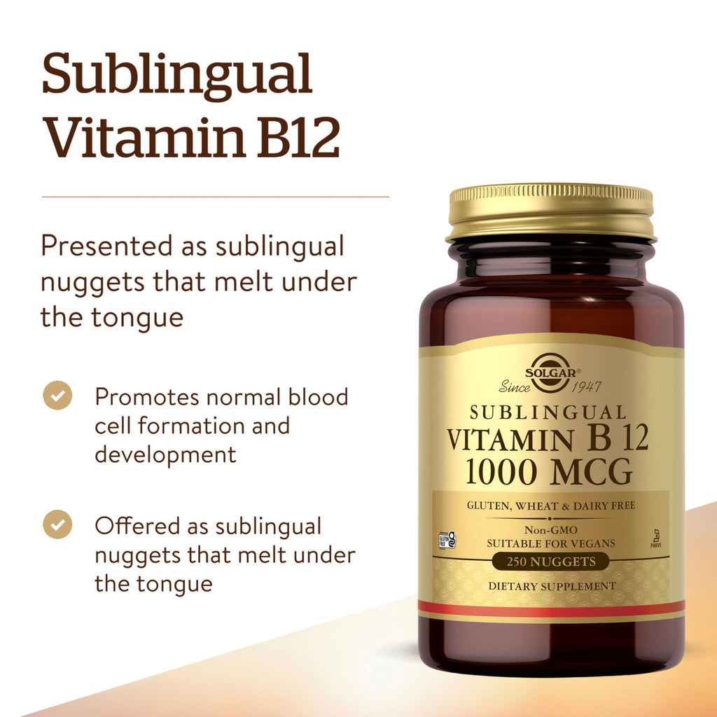 Solgar Vitamin B12 1000 mcg,250 Nuggets-Supports Production of Energy,Red Blood Cells-Healthy Nervous System-Promotes Cardiovascular Health-Vitamin B-Non-GMO,Gluten Free-250 Servings,(Pack of 2)