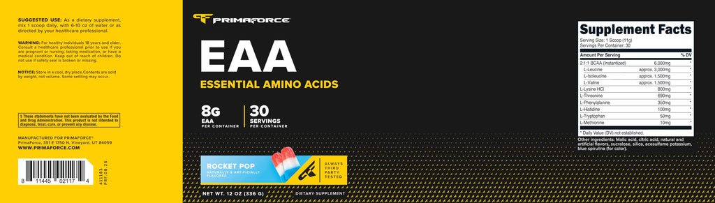 Primaforce EAA Powder (30 Servings, Rocket Pop Flavor) - Essential Amino Acids for Pre/Intra Workout and Recovery - Non-GMO and Gluten Free
