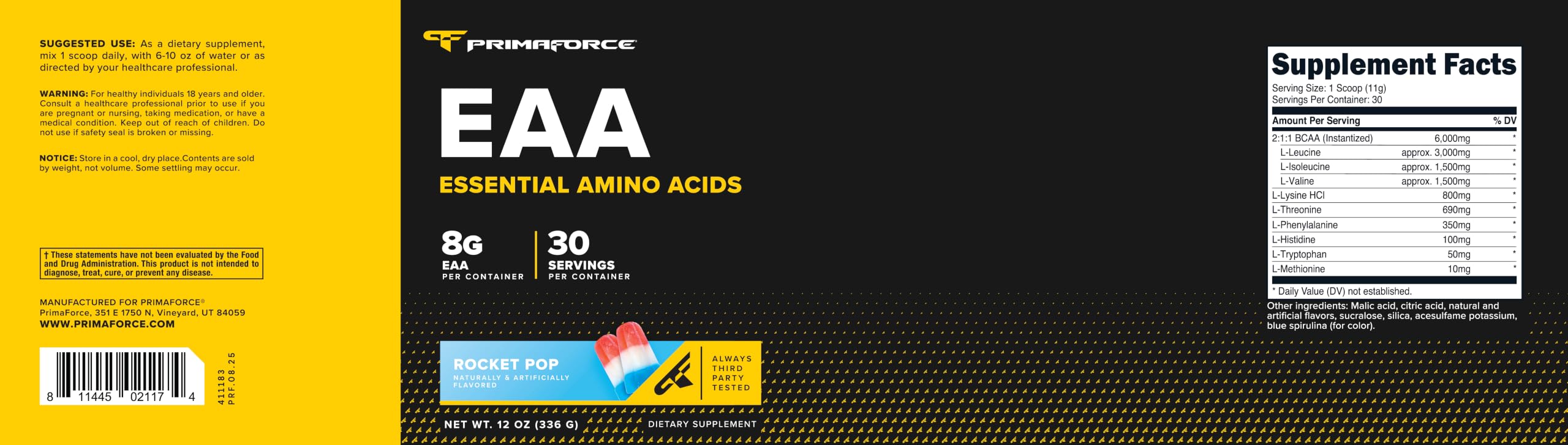 Primaforce EAA Powder (30 Servings, Rocket Pop Flavor) - Essential Amino Acids for Pre/Intra Workout and Recovery - Non-GMO and Gluten Free