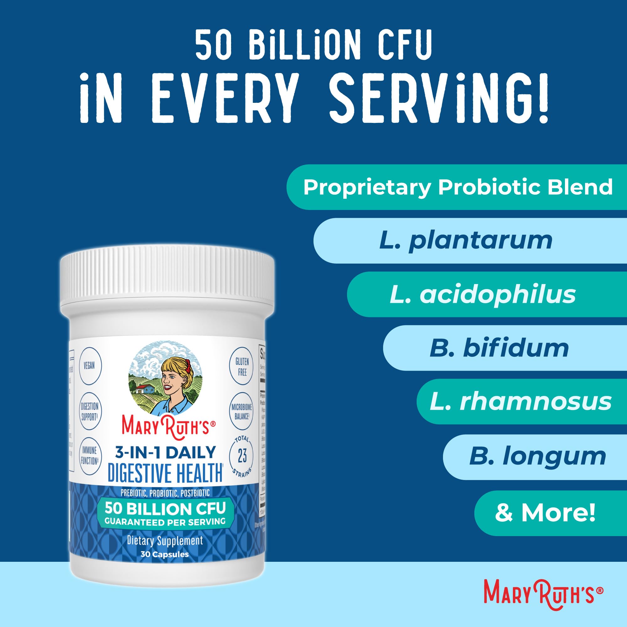 MARYRUTH'S 3-in-1 Probiotics for Digestive Health, 30 Servings