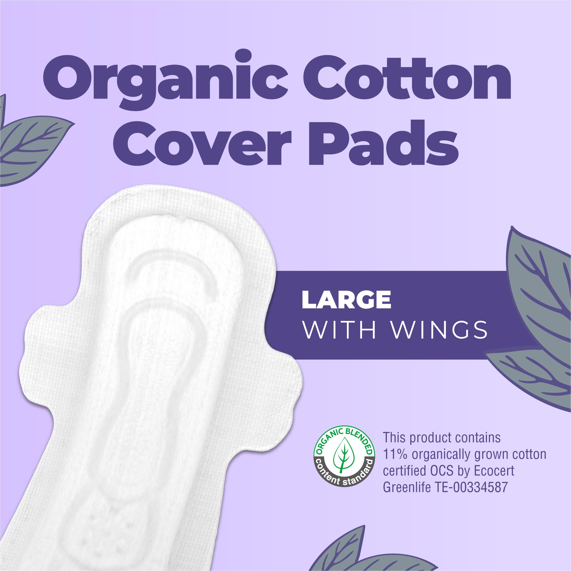 MaryRuth's Organic Cotton Cover Pads with Wings - Large - Unscented - Elemental Chlorine Free - OCS Certified Cotton - SAP-Free Core - Rated Excellent for Skin Comfort by Dermatest - 20 Count