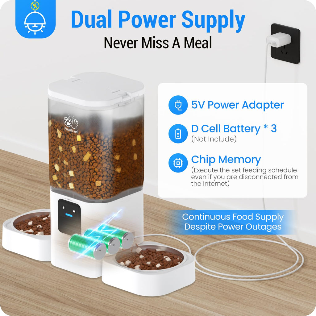 Frienhund Automatic Cat Feeder 2 Cats with Slow Feed: Dual Automatic Dog Feeder with 5G WiFi, Cat Food Dispenser with APP Control for Multiple Pets, Detachable for Easy Clean, Double Pet Bowl - 29 Cup