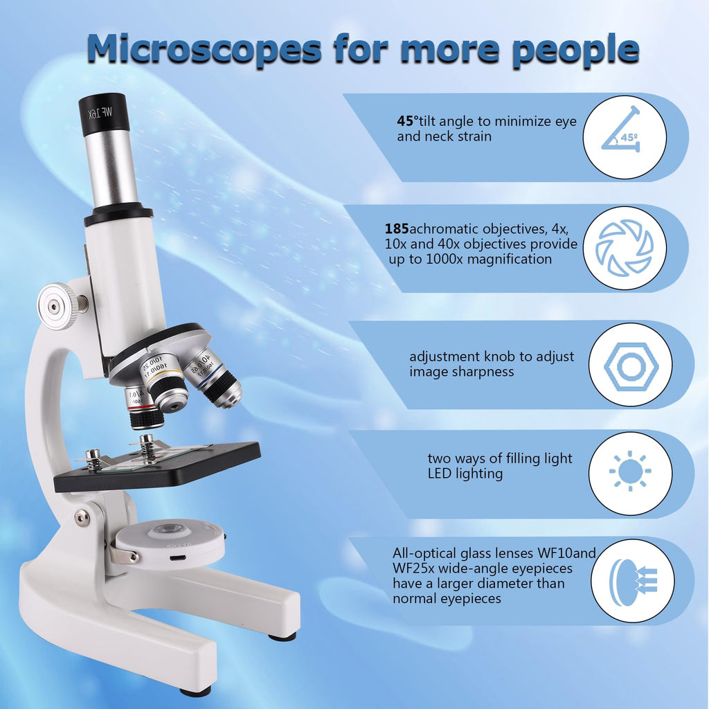 Microscope for Adults & Kids, 40X-2500X High-Power Compound Microscope for Students, School Lab & Home Schooling,Equiped with Slides Set & Phone Holder (Light White)