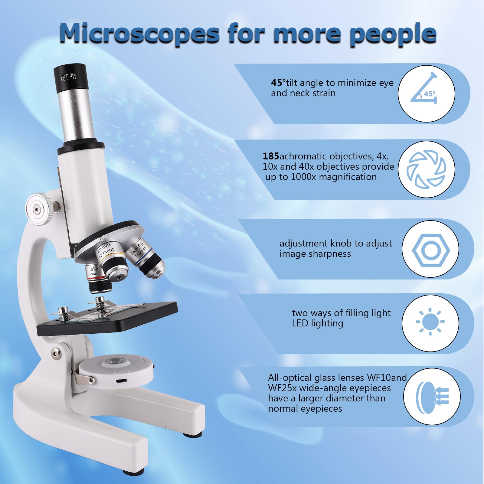 Microscope for Adults & Kids, 40X-2500X High-Power Compound Microscope for Students, School Lab & Home Schooling,Equiped with Slides Set & Phone Holder (Light White)