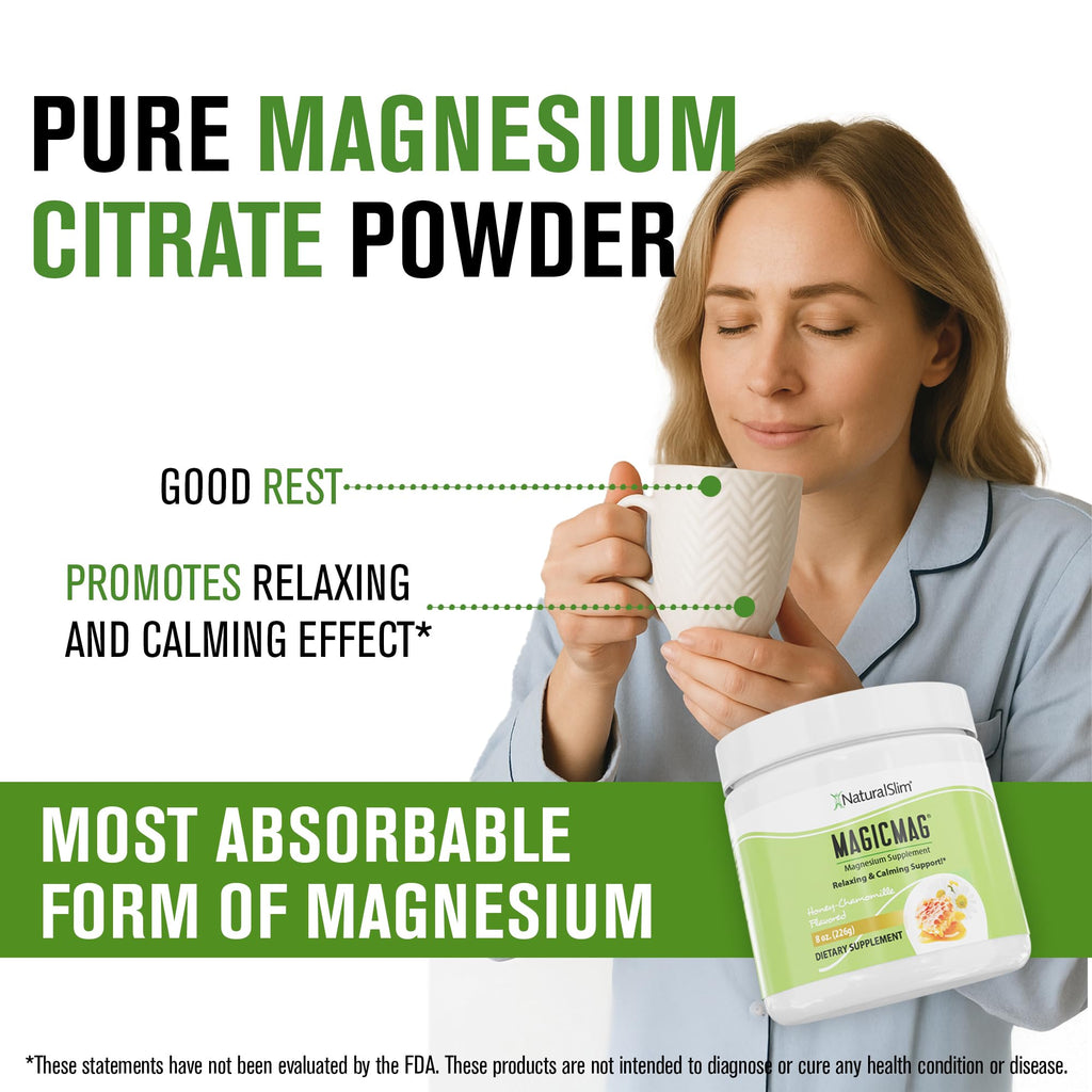 NaturalSlim MagicMag Magnesium Citrate Powder for Stress, Constipation, Muscle & Heart Health, Better Rest & Digestive Support, Magnesium Supplement for Women and Men, 8 oz (2 Pack) – Honey Chamomile