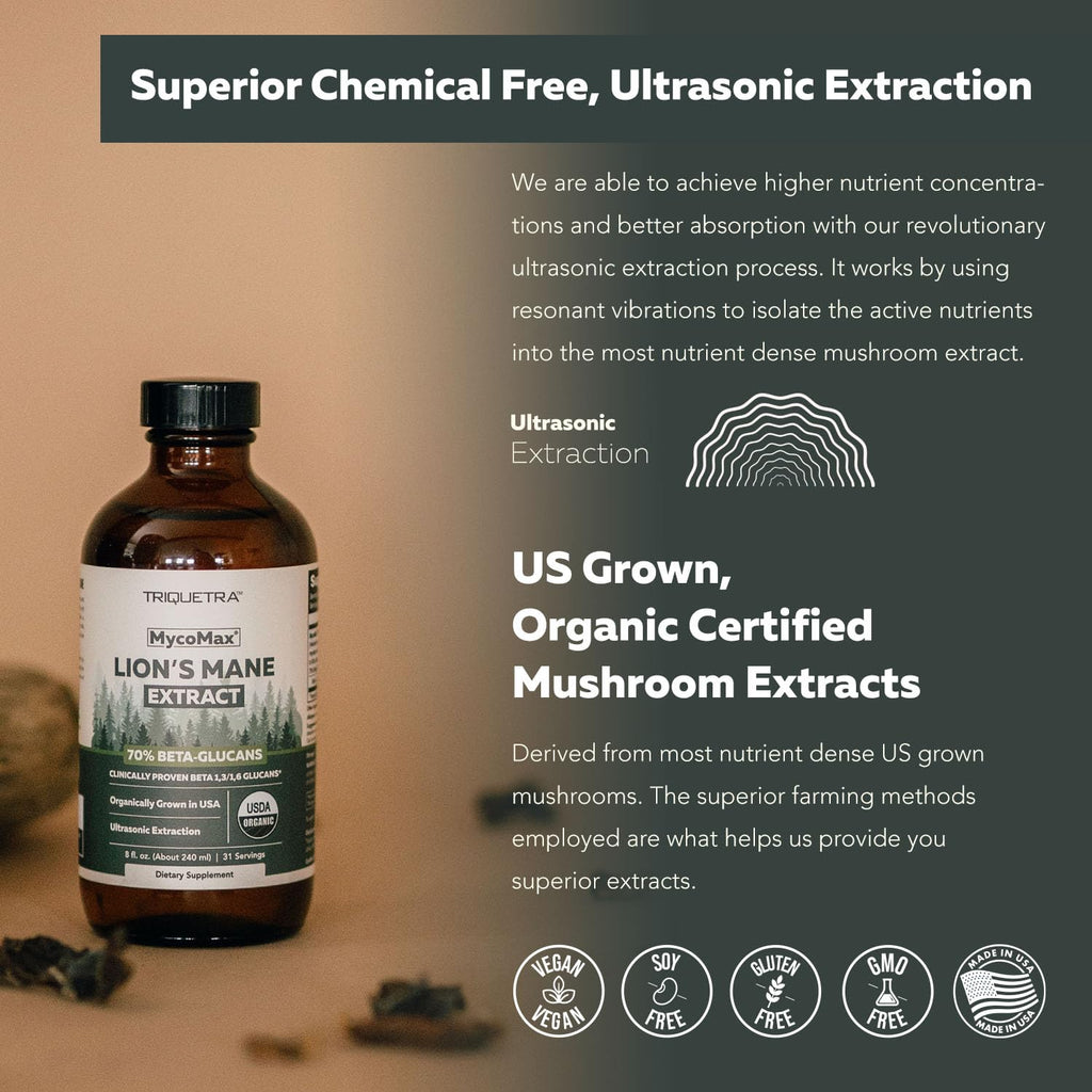 MycoMax Lions Mane Extract - 70% Beta Glucans, Max Potency Organic Lions Mane Supplement, US Grown + Ultrasonic Extraction - 500 mg per serving - Mental Clarity, Focus and Memory - 8 oz.