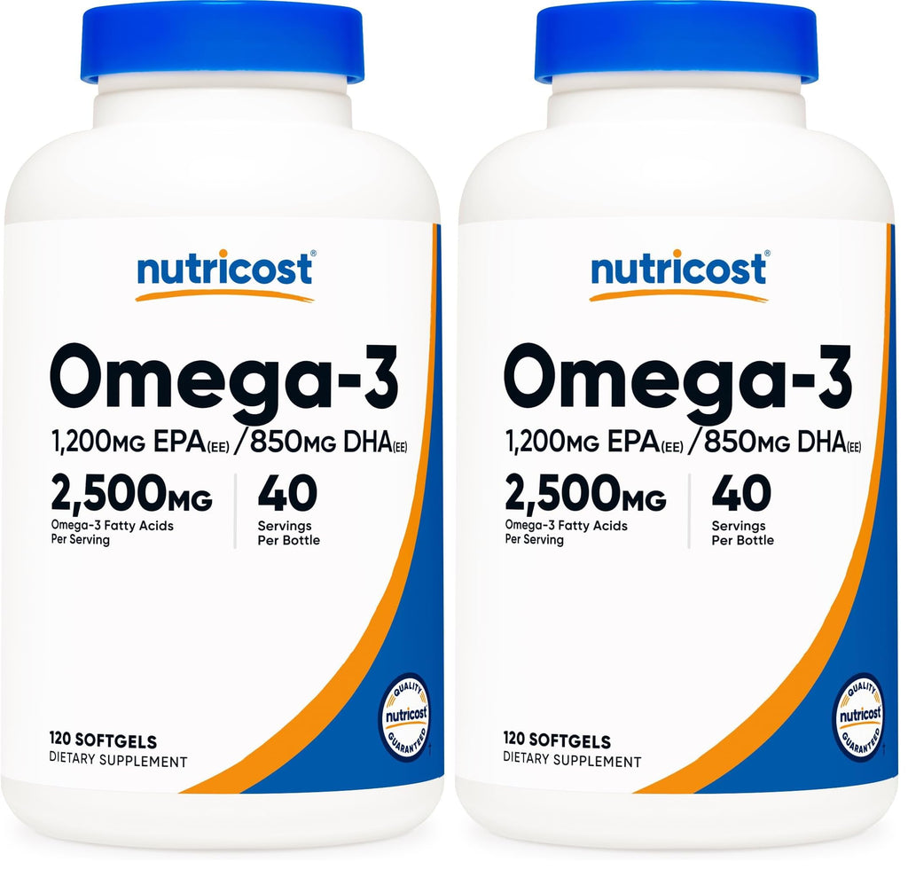 Nutricost Omega 3 Fish Oil - 2500MG, 120 Softgels (40 Serv) - Fish Oil, Wild Caught! 1200mg EPA 850mg DHA - Non-GMO, Gluten Free (Pack of 2)