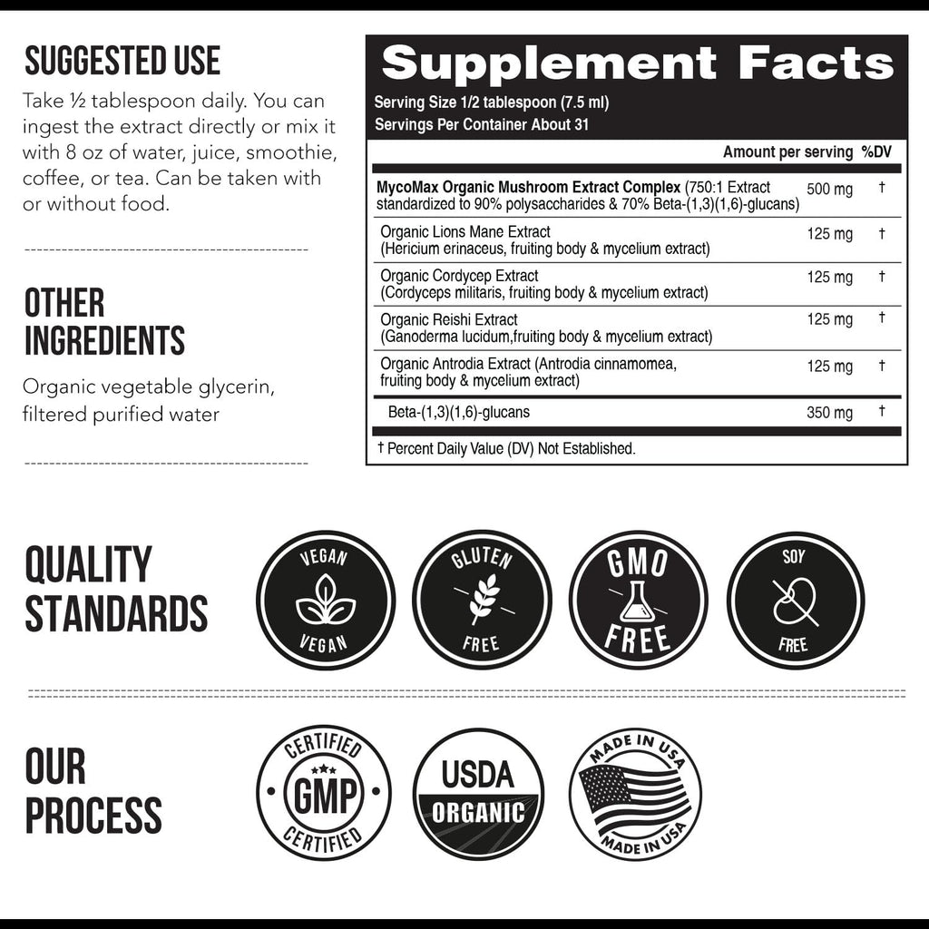 MycoMax Mushroom Complex - 70% Beta Glucans, Max Potency Mushroom Supplement, US Grown + Ultrasonic Extraction - Lions Mane, Cordyceps, Reishi & More - Promotes Cognition, Immunity, Energy - 8 oz.