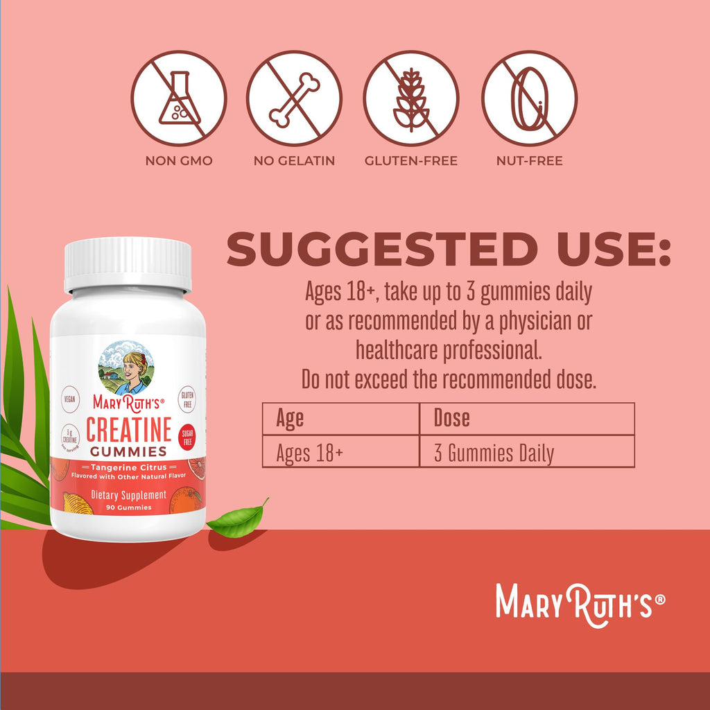 MaryRuth's Creatine Gummies | Creatine Monohydrate Gummies | 3g Creatine Per Serving | Creatine for Women & Men | Tangerine Citrus Flavor | Exercise | Workout | Sugar Free | Vegan | 90 Count