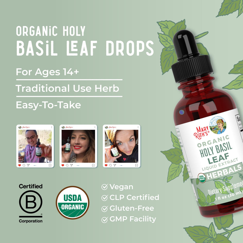 MARYRUTH'S Organic Holy Basil Leaf Liquid Drops, Vegan, Non-GMO, 1oz