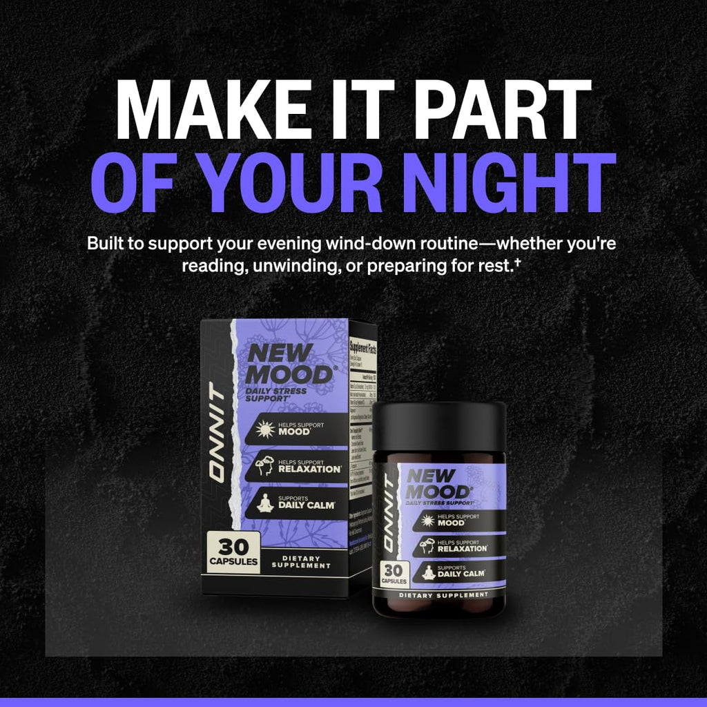 ONNIT New Mood Daily Stress Support Capsules, IGEN Non-GMO Tested Sleep and Mood Support Supplement for Men and Women, Daily Stress Management Capsules, 60 Count