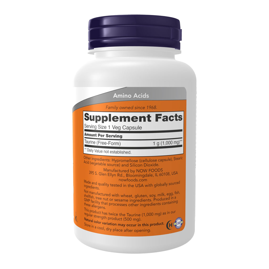 NOW Supplements, Taurine 1,000 mg, Double Strength, 100 Veg Capsules