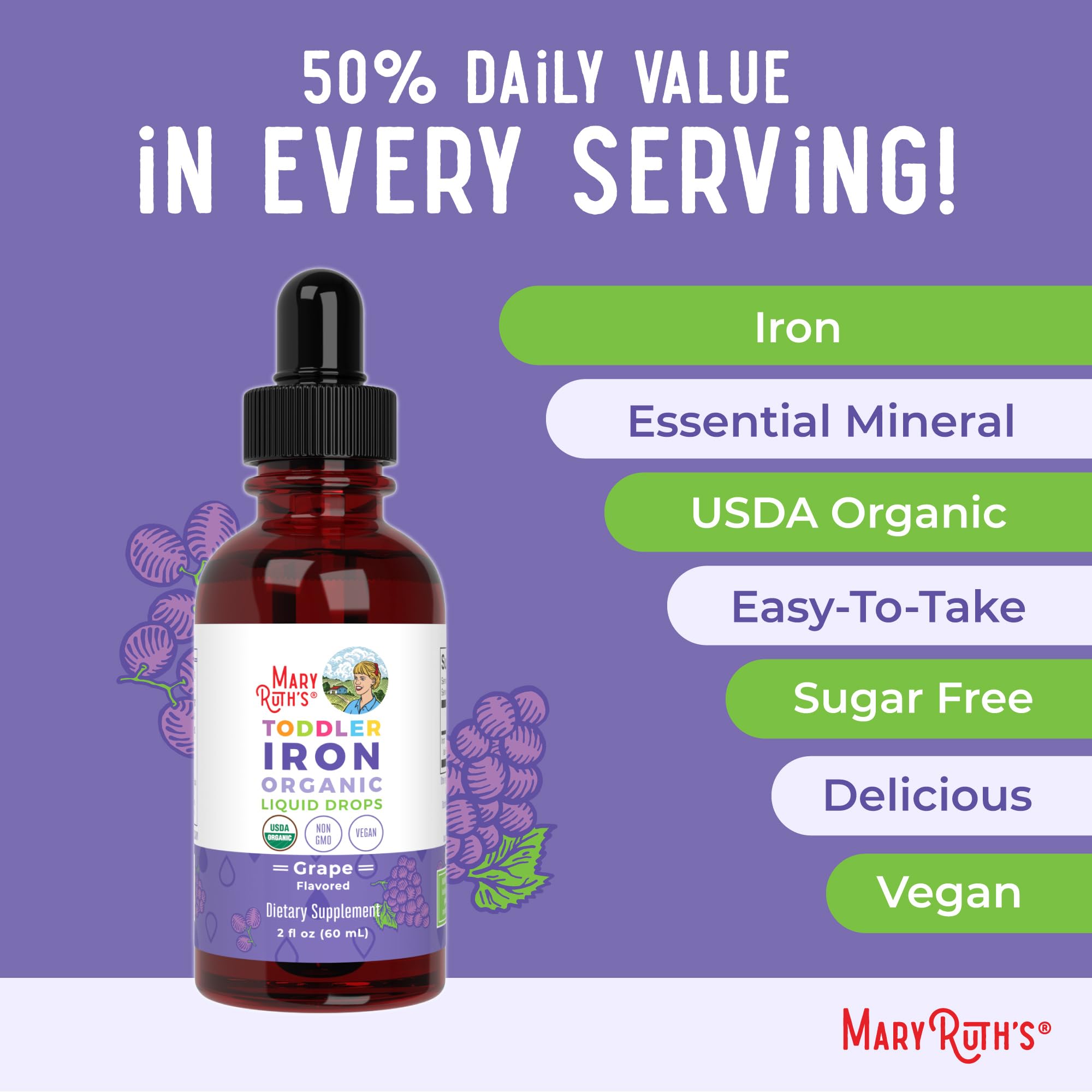 MaryRuth's Organic Toddler Liquid Iron Supplement, Sugar Free, Vegan, 2oz