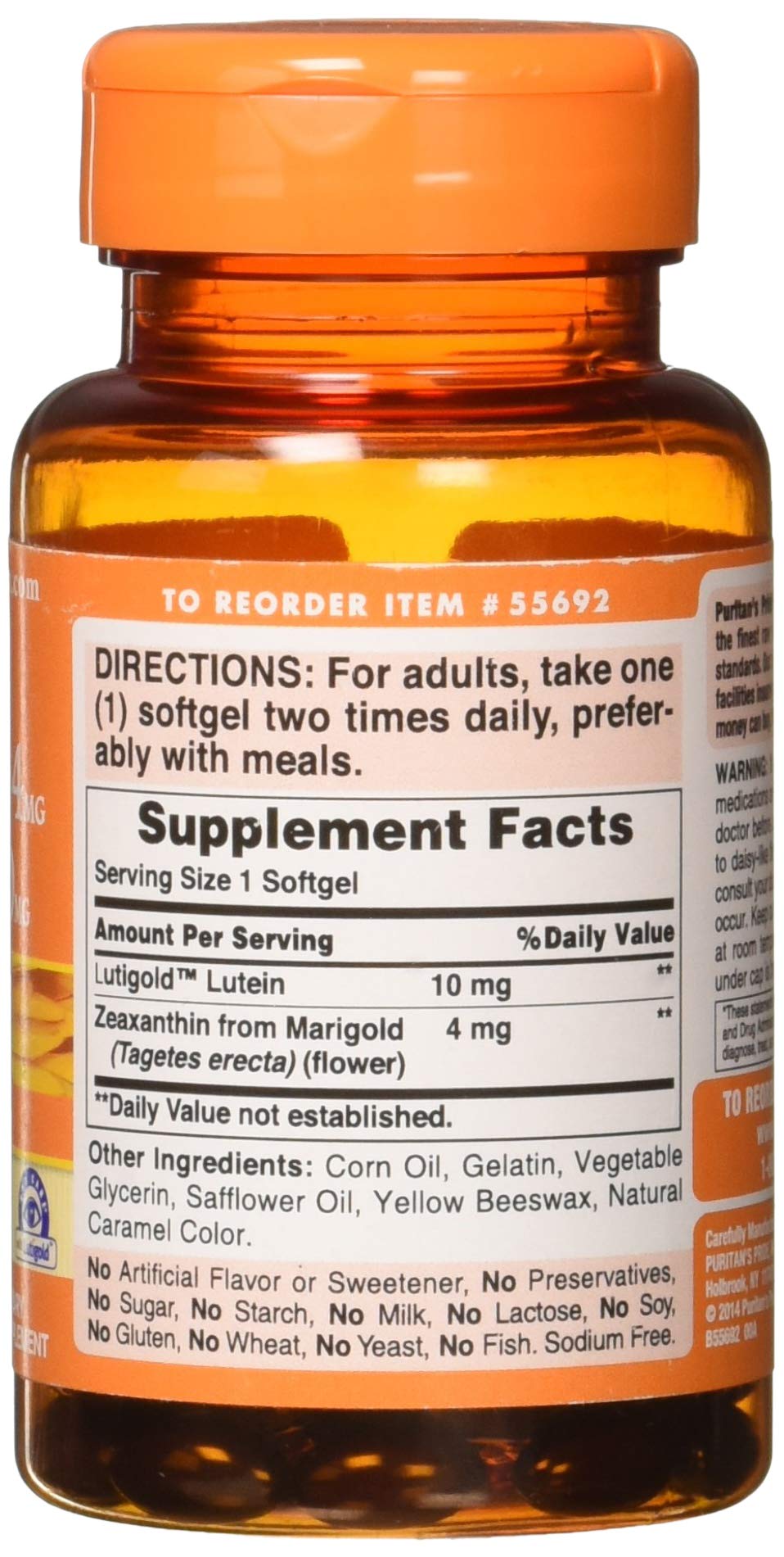 Puritan's Pride Zeaxanthin 4mg with Lutigold™ Lutein 10mg Carotenoids, Dietary Supplement for Healthy Eyes and Vision, 60 Easy-to-Swallow Rapid Release Softgels (Pack of 2)