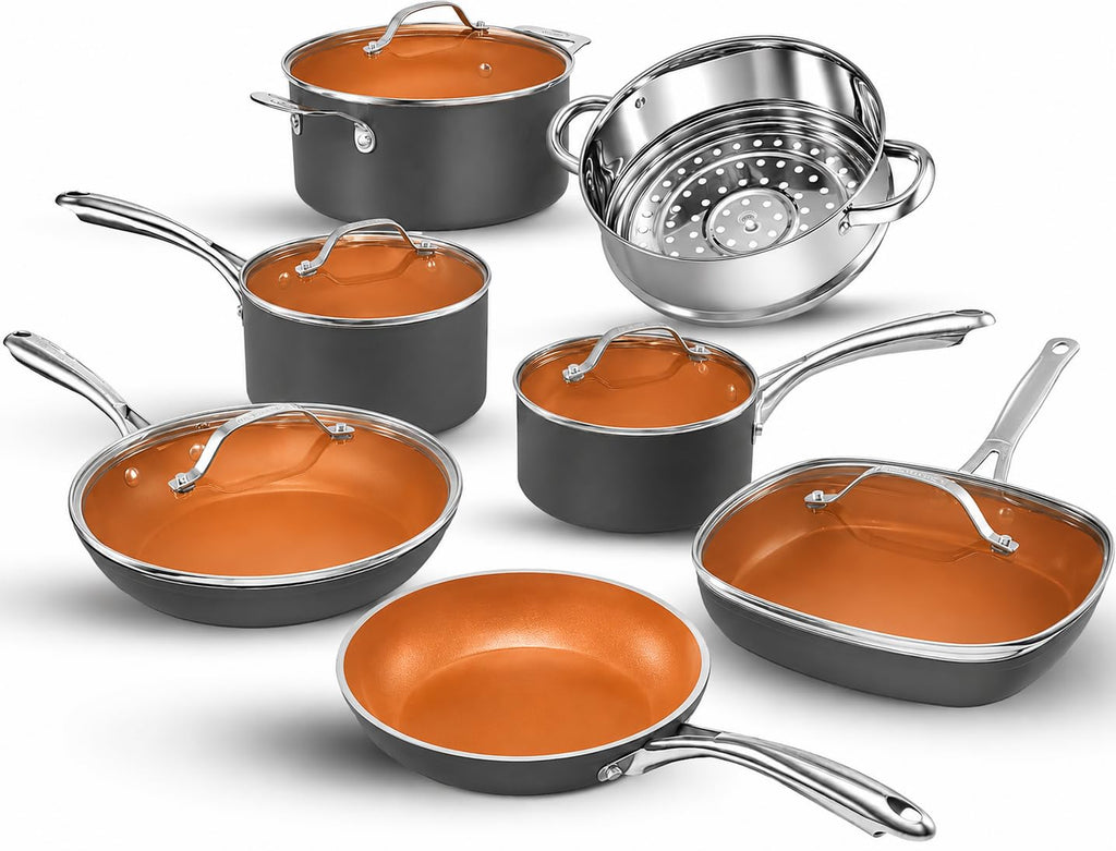 Gotham Steel 12 Pc Ceramic Cookware Set Nonstick, Ceramic Pots and Pans Set Non Stick with Steamer for Cooking, Non Toxic PFOA PFOS Free, Ergonomic Stay Cool Handles, Oven & Dishwasher Safe, Copper