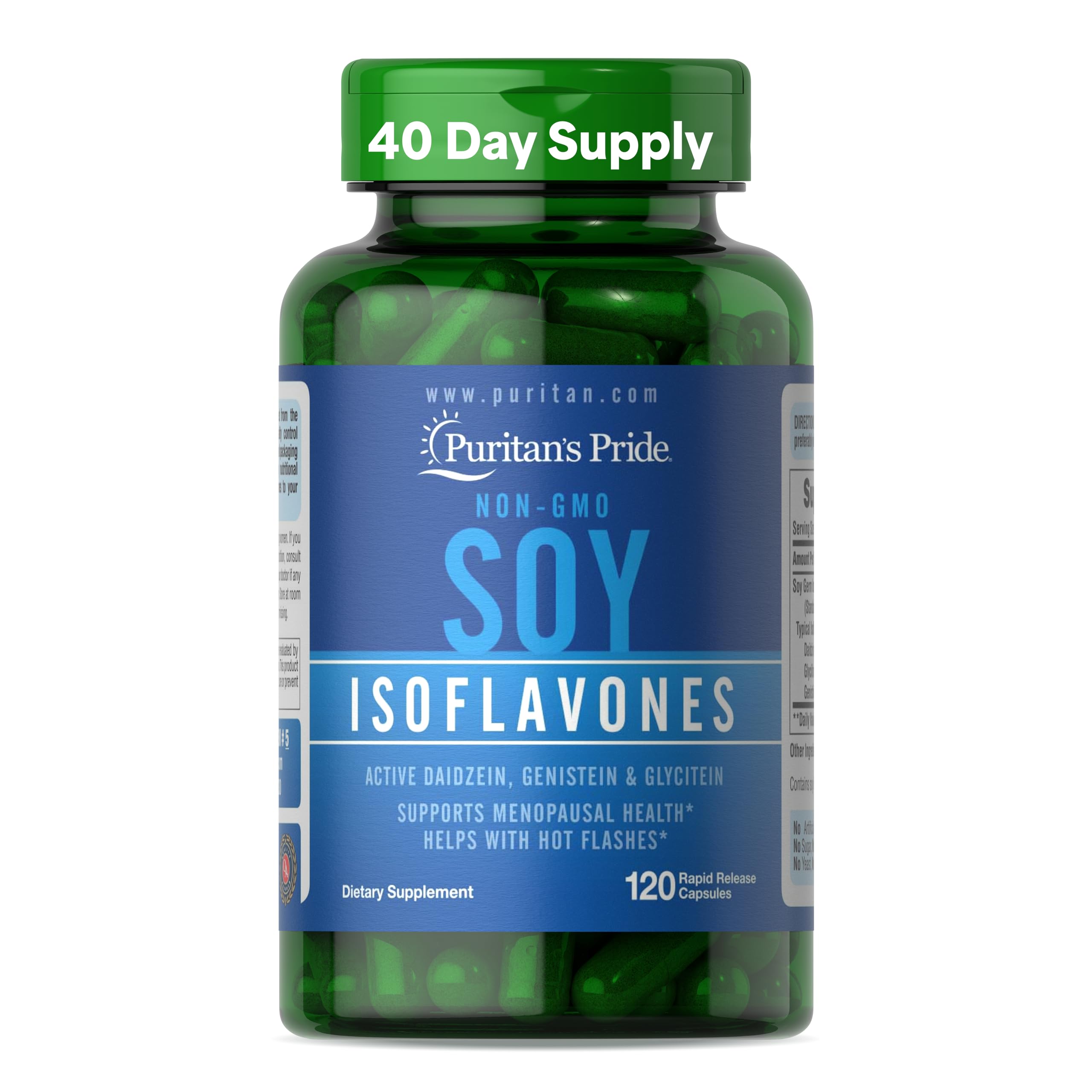 Puritan's Pride Non-GMO Soy Isoflavones 750mg, Dietary Supplement with Active Daidzein, Genistein, and Glycitein Supports Menopause and Hot Flashes, 120 Rapid Release Capsules