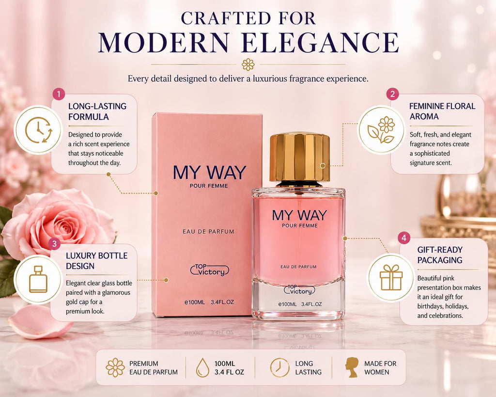 TOP victory My Way Pour Femme Eau de Parfum, Floral Scent, Long Lasting Luxury Fragrance for Women, 3.4 Fl Oz