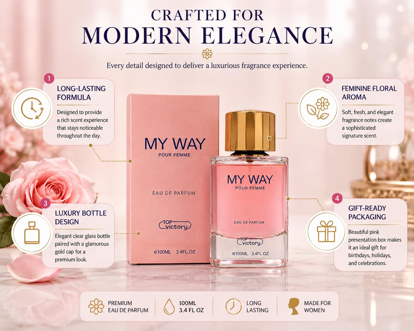 TOP victory My Way Pour Femme Eau de Parfum, Floral Scent, Long Lasting Luxury Fragrance for Women, 3.4 Fl Oz