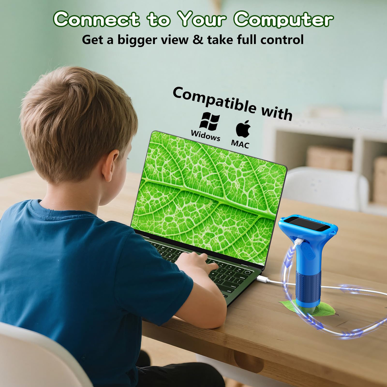 Odatay 1000X Digital Kids Microscope Kit with 12 Slides & 2" Screen, Blue