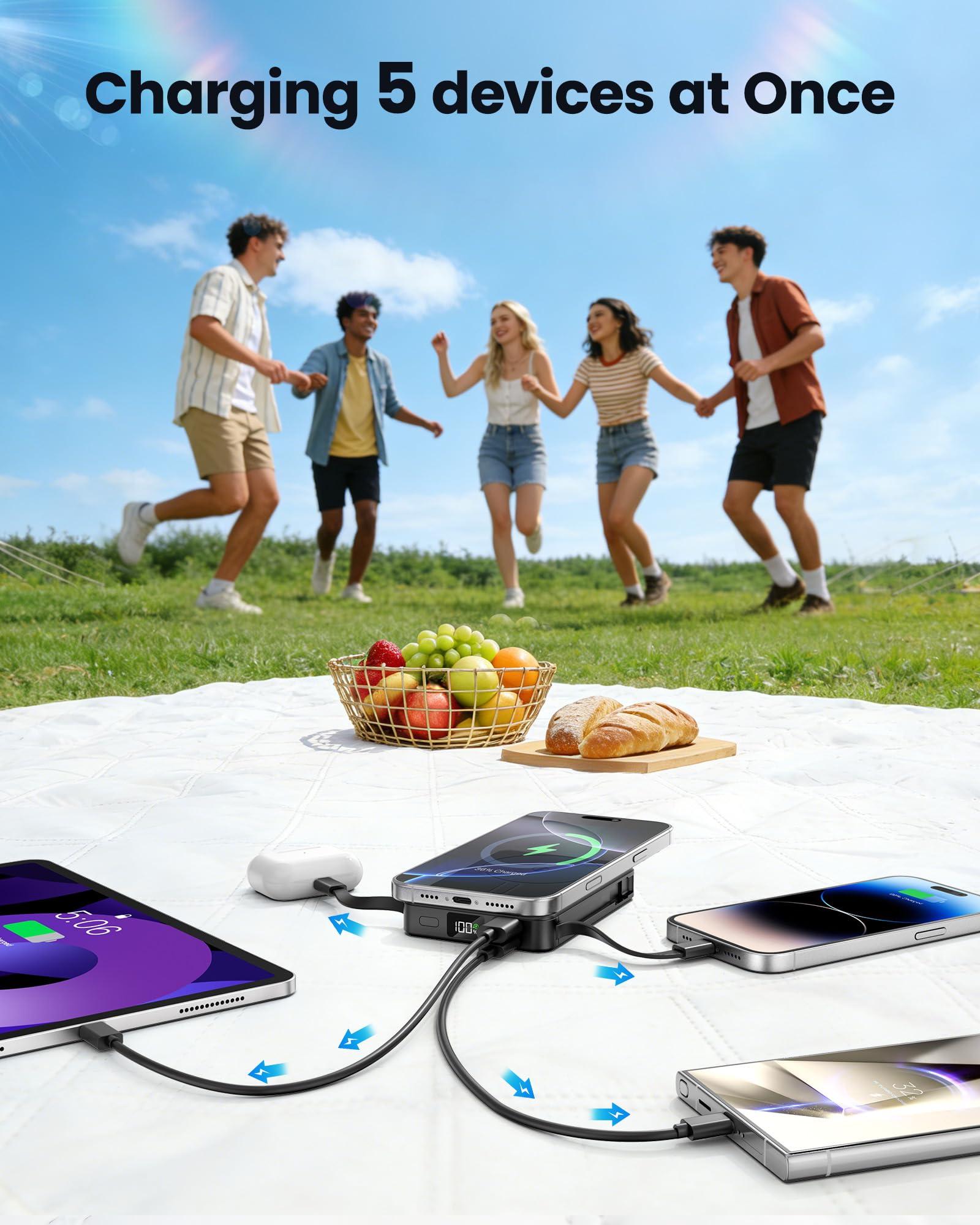 Magnetic Portable Charger, Power Bank Fast Charging 22.5W 10000mAh, Portable Charger with Built in Cable, for Magsafe Battery Pack Compatible with iPhone 17/16/15/14/13/12 Pro/Pro Max, Samsung Black
