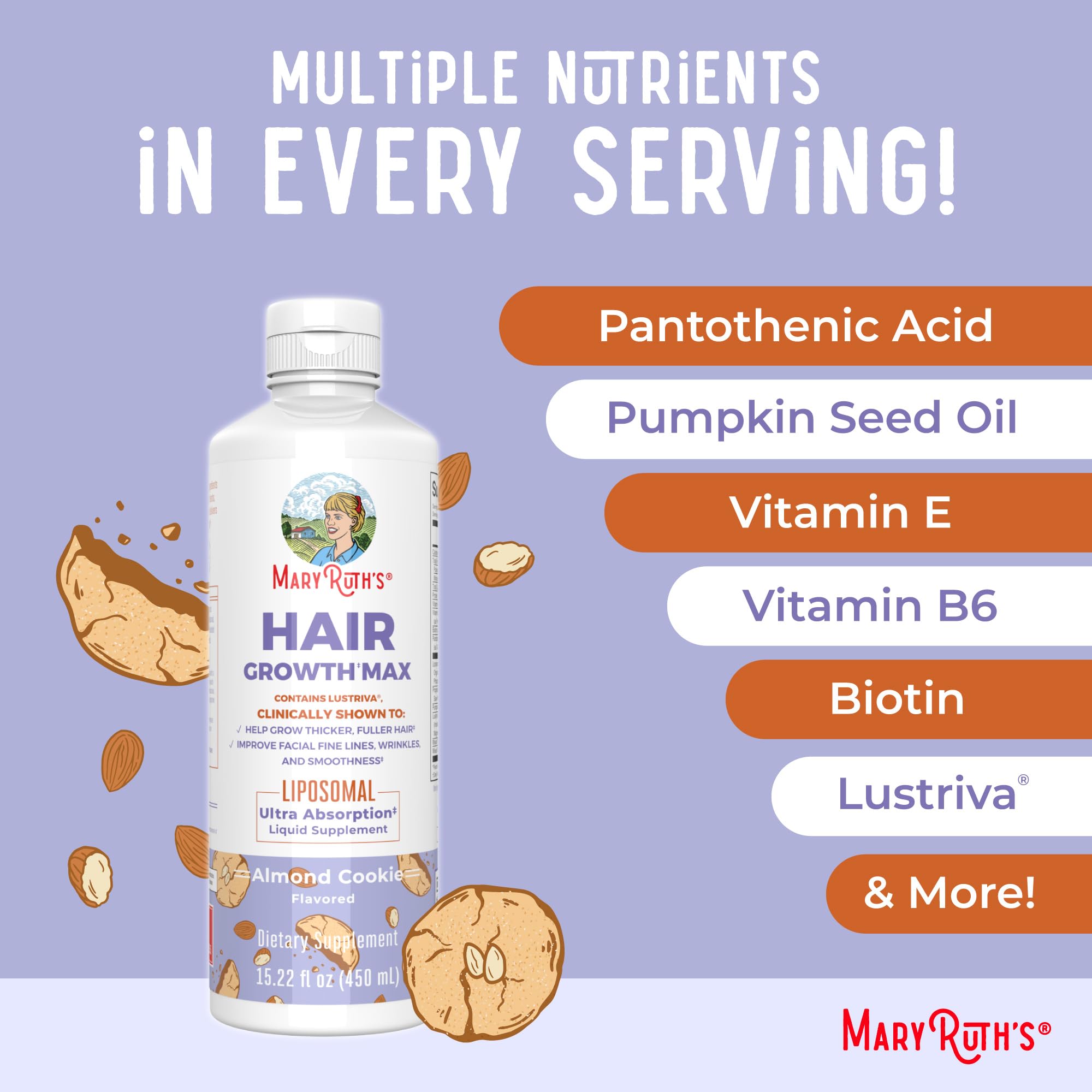 MARYRUTH'S Organics Lion's Mane Liposomal (Coffee Cake) & Hair Growth MAX (Almond Cookie) | Clean Label Project Verified® | Vitamins for Cognitive Support, Beauty, and Overall Health | Vegan, Non-GMO