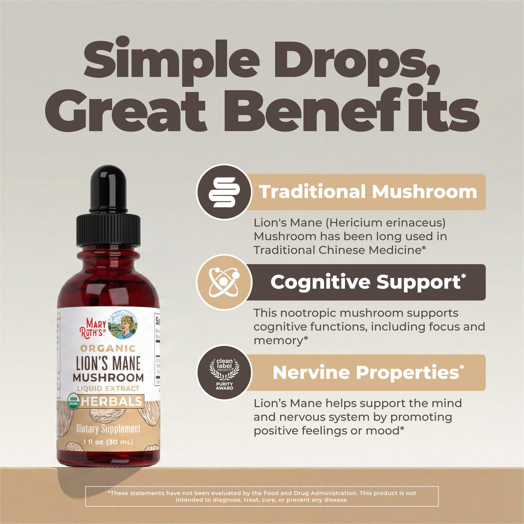 MARYRUTH'S Lions Mane Mushroom Supplement Liquid Drops 1 Fl Oz, Non-GMO