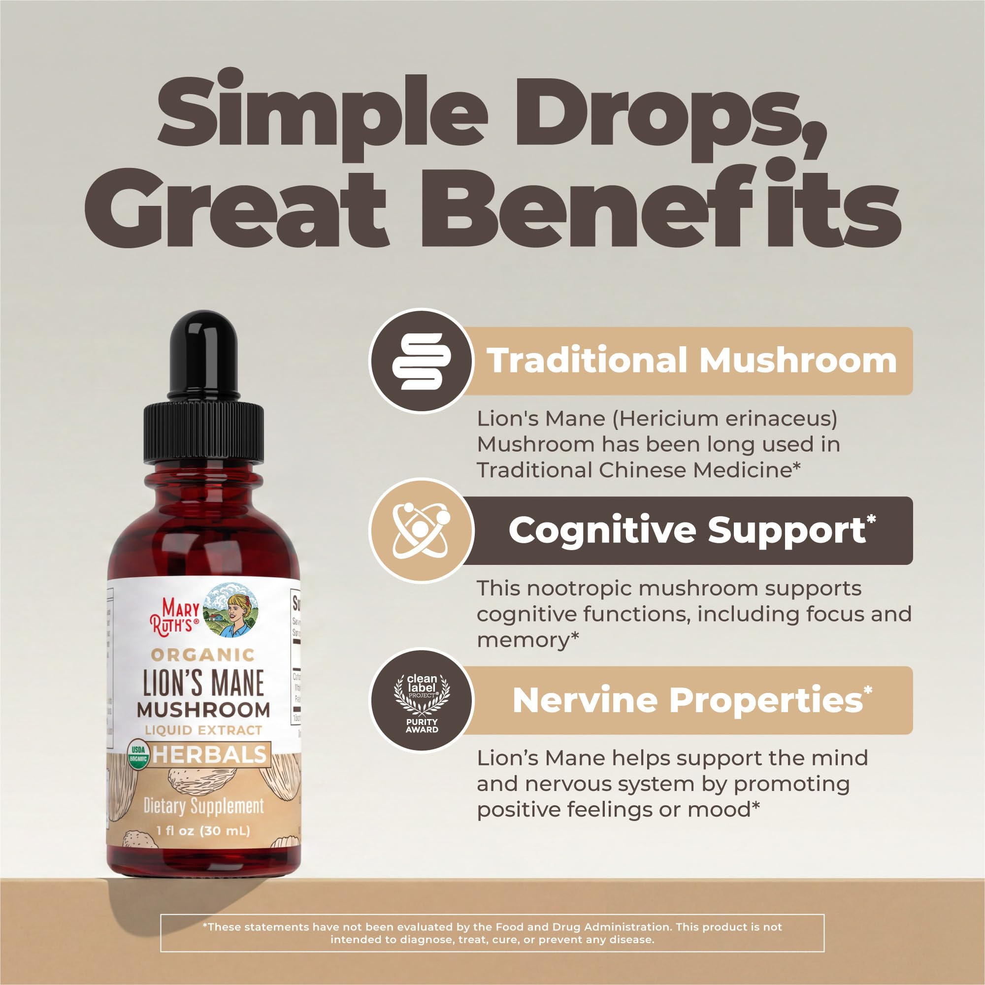 MARYRUTH'S Lions Mane Mushroom Supplement Liquid Drops 1 Fl Oz, Non-GMO
