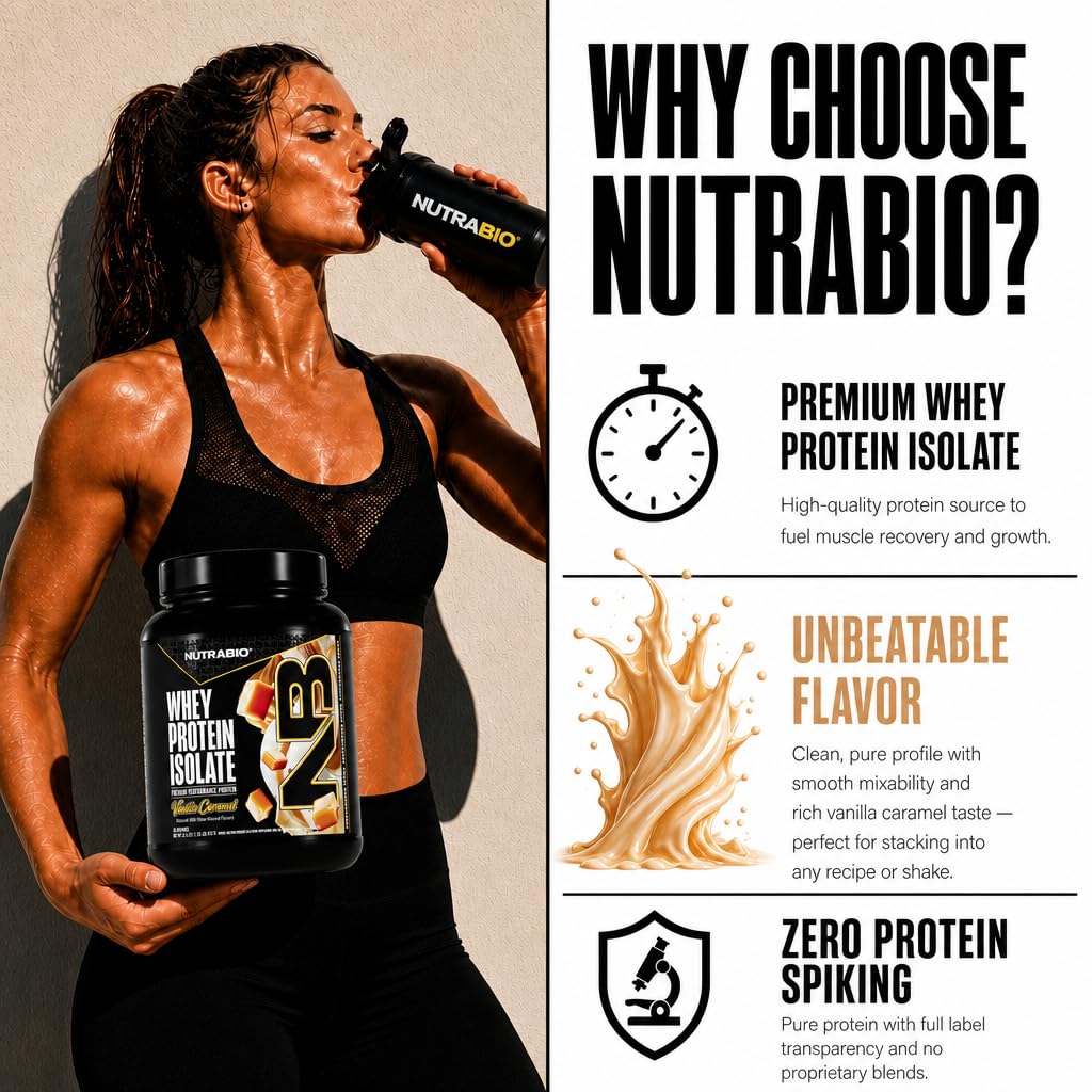 NutraBio 100% Whey Protein Isolate Protein Powder, 25g Protein with Complete Amino Acid Profile, Non-GMO, Soy & Gluten Free, Low Carb, Low Calorie Whey Protein Powder, Vanilla Caramel, 20 Servings