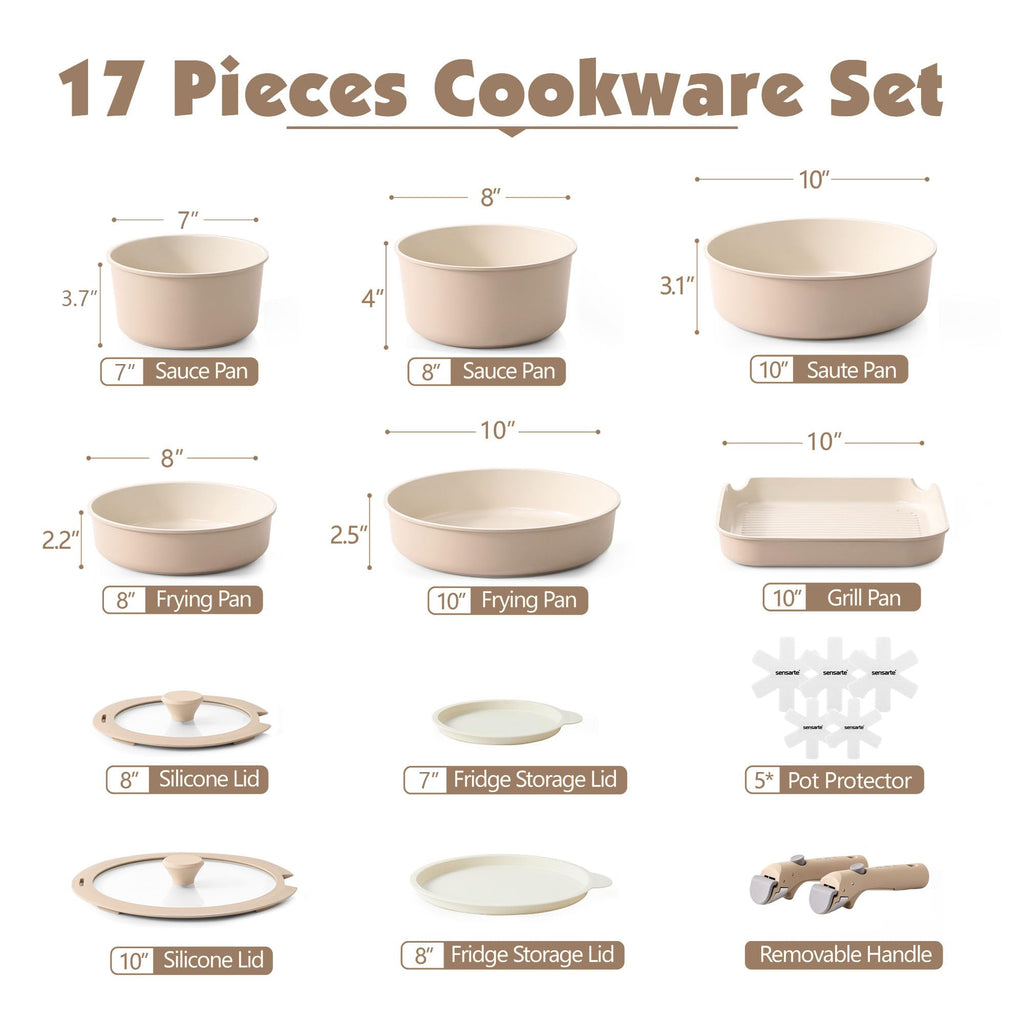 SENSARTE 17 Piece Ceramic Detachable Handle Pots and Pans Set Almond Beige