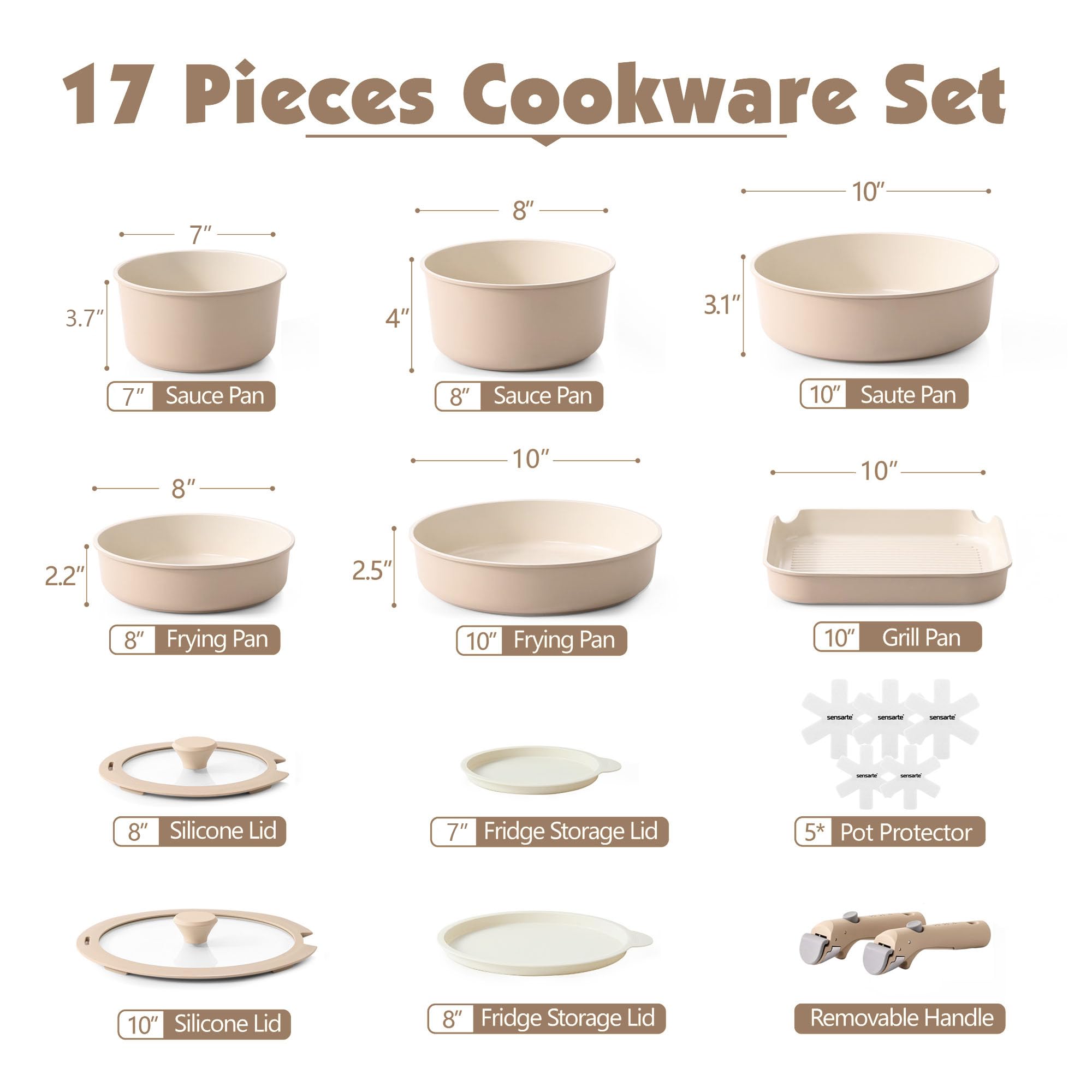 SENSARTE 17 Piece Ceramic Detachable Handle Pots and Pans Set Almond Beige