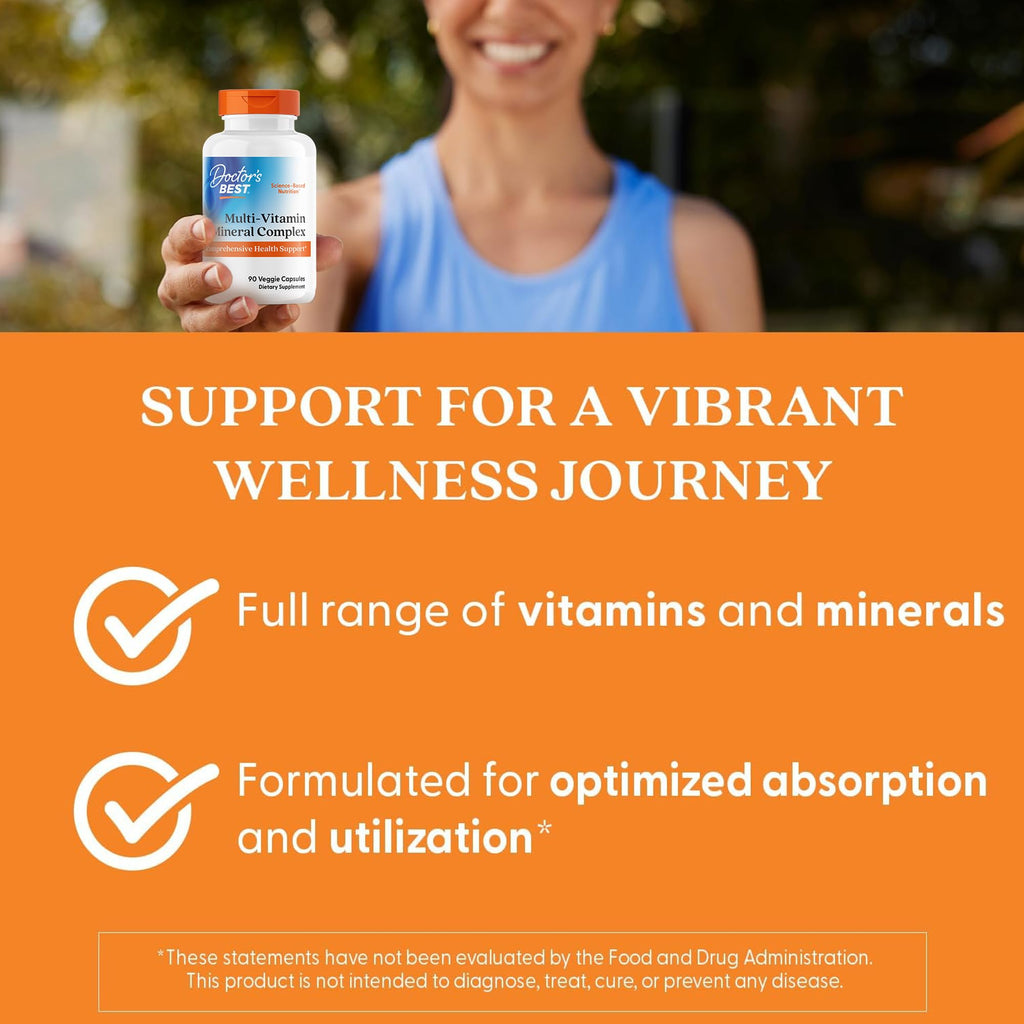 Doctor's Best Multi-Vitamin Mineral Complex - Daily Vegan Multivitamin for Women & Men, Vitamins A, C, D3, E, K2, Riboflavin, & Niacin, Health Support Supplement for Adults, Non-GMO - 90 Veg Capsules