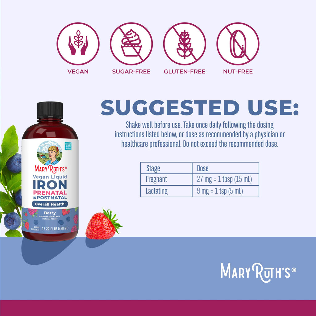 MaryRuth's Prenatal & Postnatal Iron Liquid, Sugar Free, Vegan, 15.22 Fl Oz