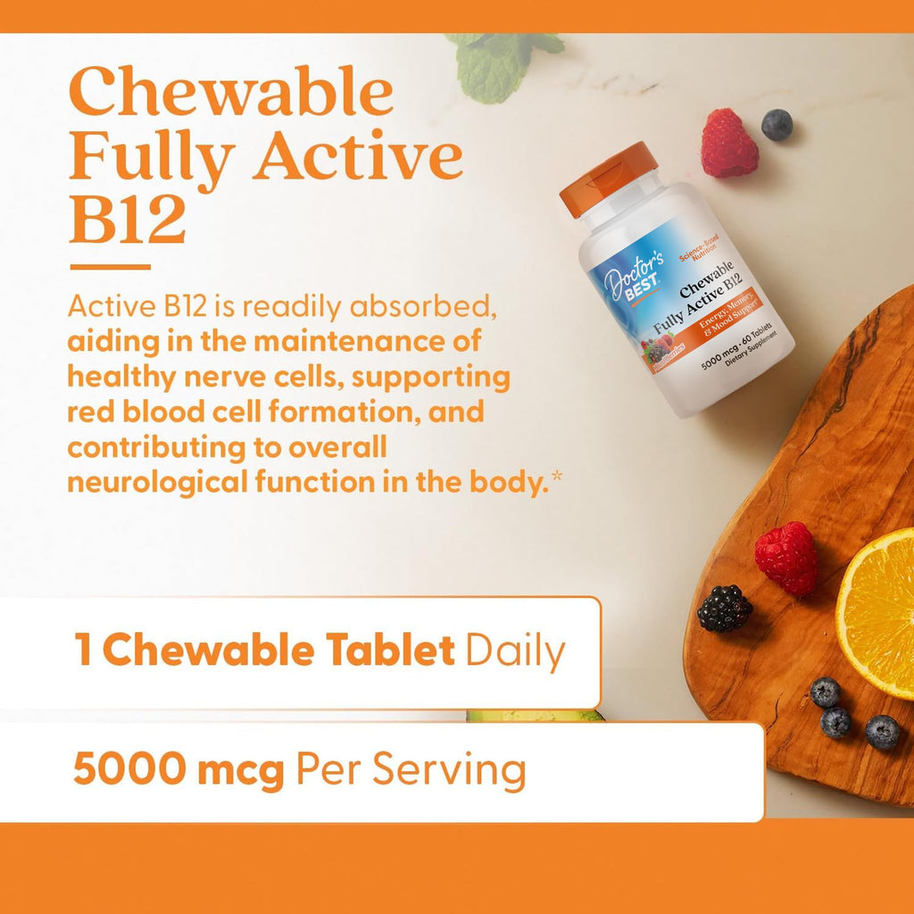 Doctor's Best Chewable Vitamin B12 Methylcobalamin for Men & Women - Vitamin B 12 5000 mcg, VIT B-12 Supplement, Vegan, Gluten Free, Non GMO, Fully Active, Mixed Berries Flavor - 60 Tablets