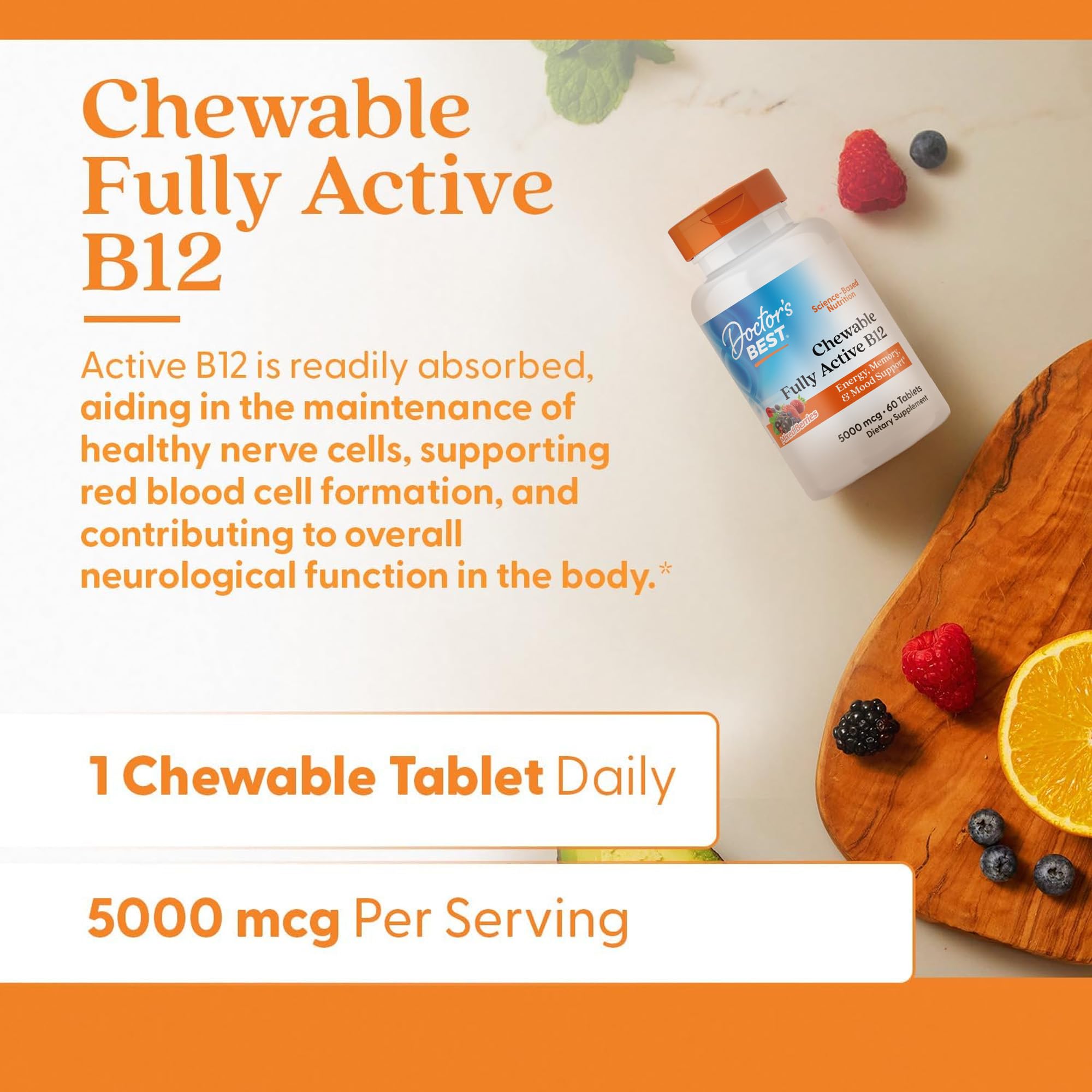 Doctor's Best Chewable Vitamin B12 Methylcobalamin for Men & Women - Vitamin B 12 5000 mcg, VIT B-12 Supplement, Vegan, Gluten Free, Non GMO, Fully Active, Mixed Berries Flavor - 60 Tablets