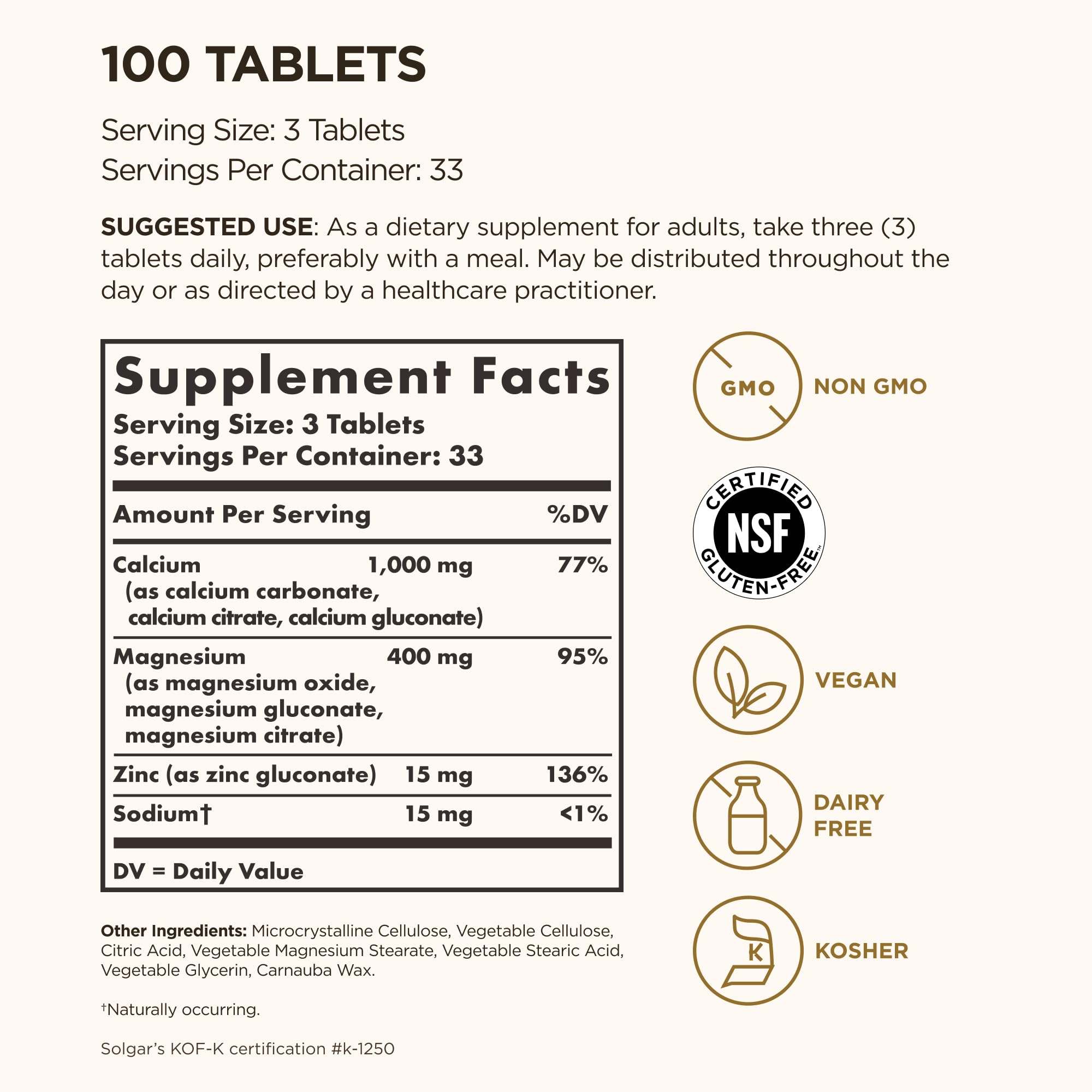 Solgar Calcium Magnesium Plus Zinc, 100 Tablets - Promotes Healthy Bones and Teeth - Supports Nerve & Muscle Function - Non-GMO, Vegan, Gluten Free, Dairy Free, Kosher - 33 Servings