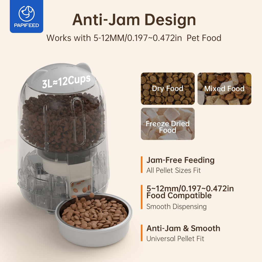 PAPIFEED Automatic Cat Feeder with App, WiFi Auto Cat Feeder, 3L Slow-Feed Cat Food Dispenser for Dry Food, Dual Power Supply Timed Pet Feeder for Cat, 10 Meals/Day, 6 Portions/Meal, Grey