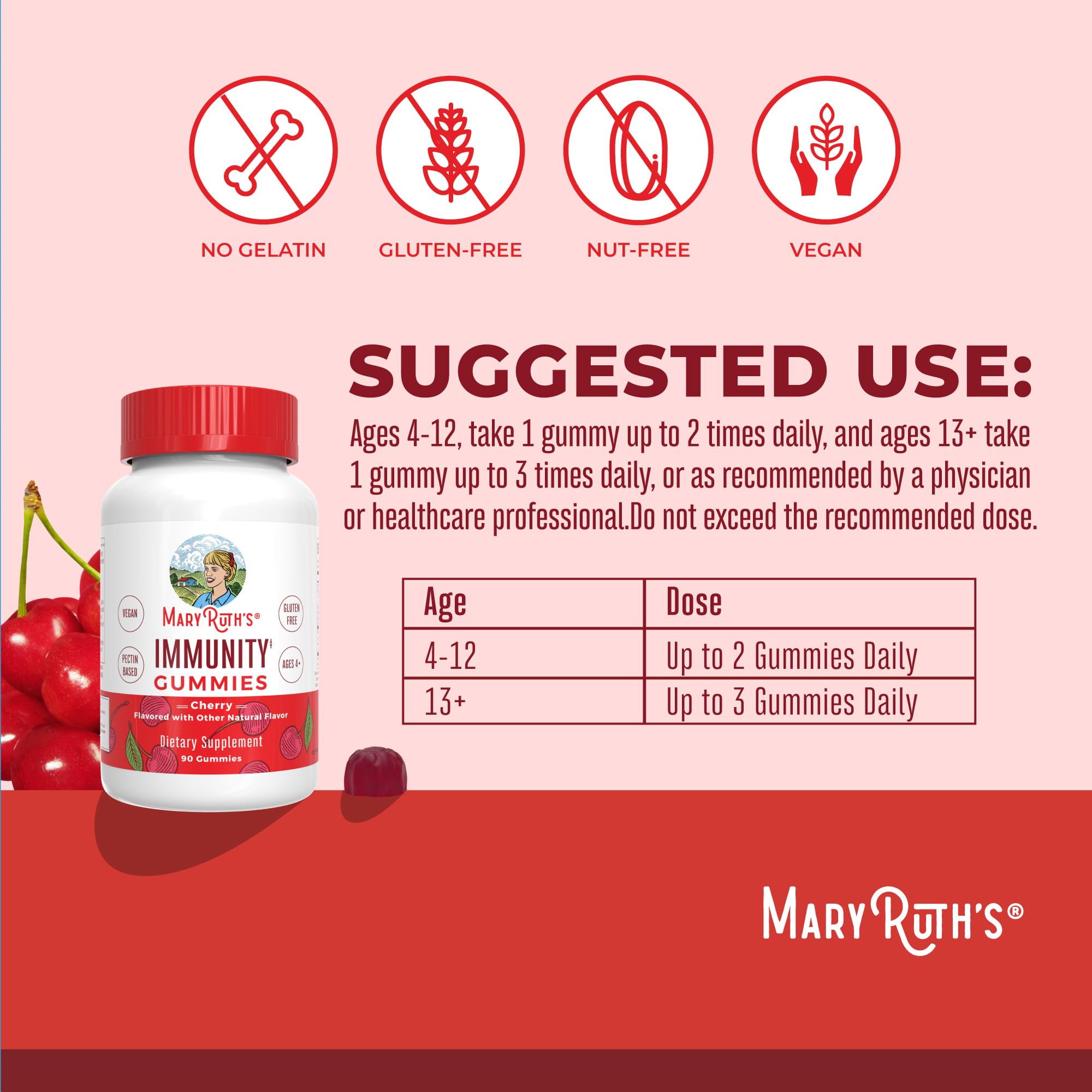 Mary Ruth's 5-1 Immunity Gummies with Elderberry for Kids & Adults | Cherry | Pectin Based | Vegan | 90 Count